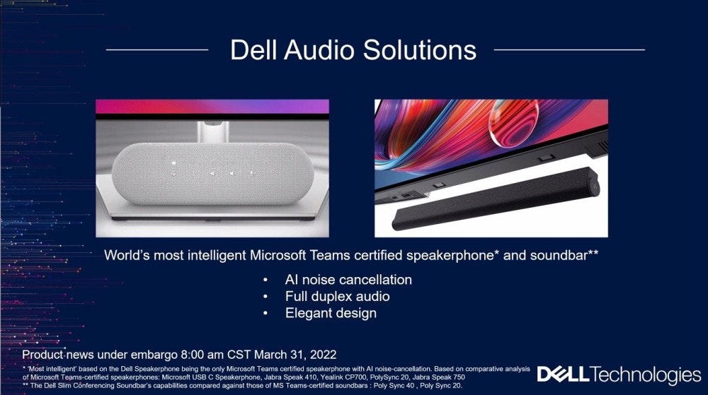 照片中提到了Dell Audio Solutions、World's most intelligent Microsoft Teams certified speakerphone* and soundbar**、Al noise cancellation，跟戴爾電腦有關，包含了媒體、產品設計、產品、多媒體、牌