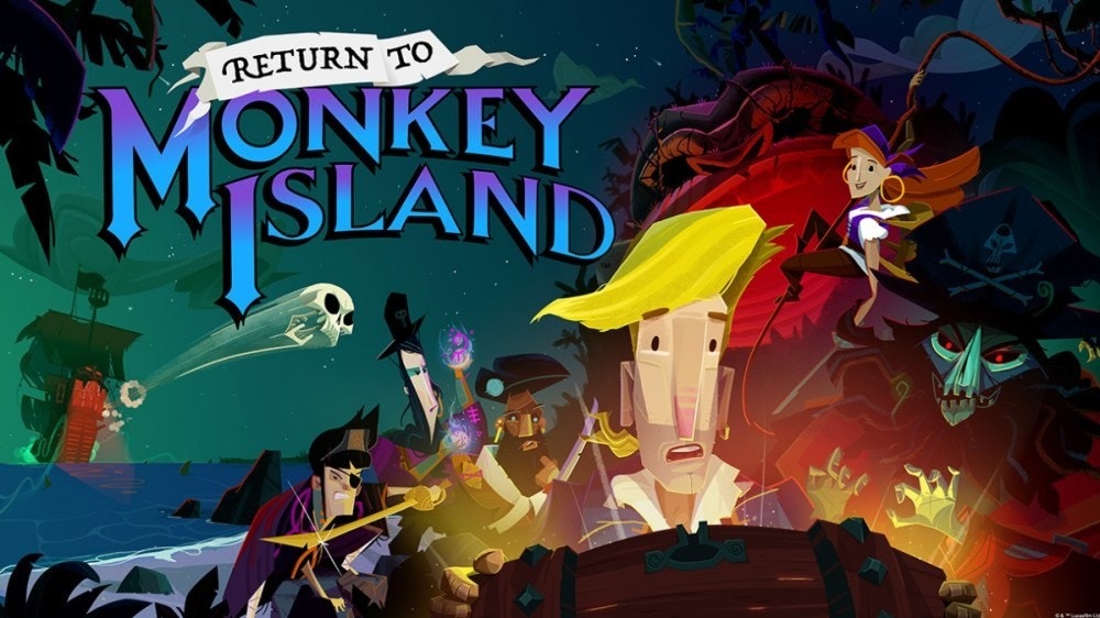 照片中提到了RETURN TO、MSLAND、ONKEY，包含了猴島的詛咒、猴島的詛咒、逃離猴島、猴島的秘密、猴島 2：LeChuck 的複仇