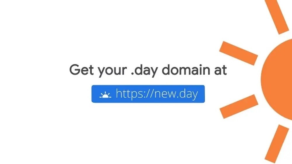 照片中提到了Get your .day domain at、https://new.day，包含了橙子、域名、組織、域名系統、谷歌