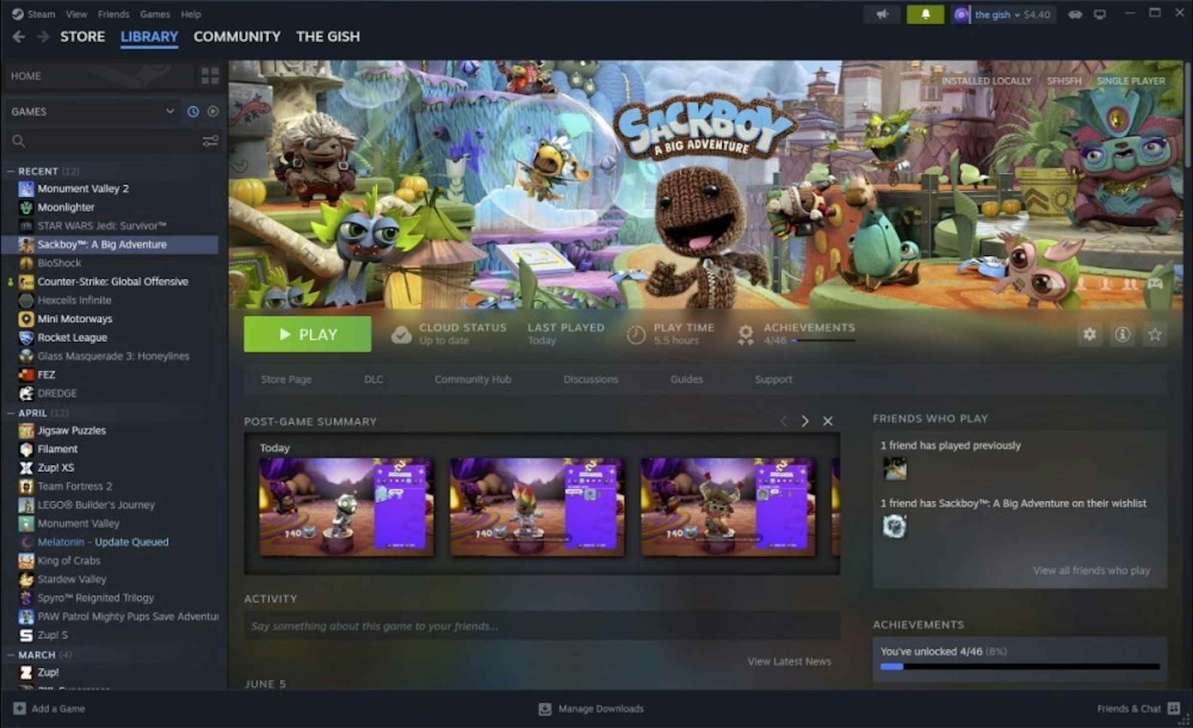 照片中提到了Steam View Friends Games Help、← STORE LIBRARY COMMUNITY THE GISH、INGY，包含了電腦遊戲、蒸汽、個人電腦、閥門公司、索尼PlayStation