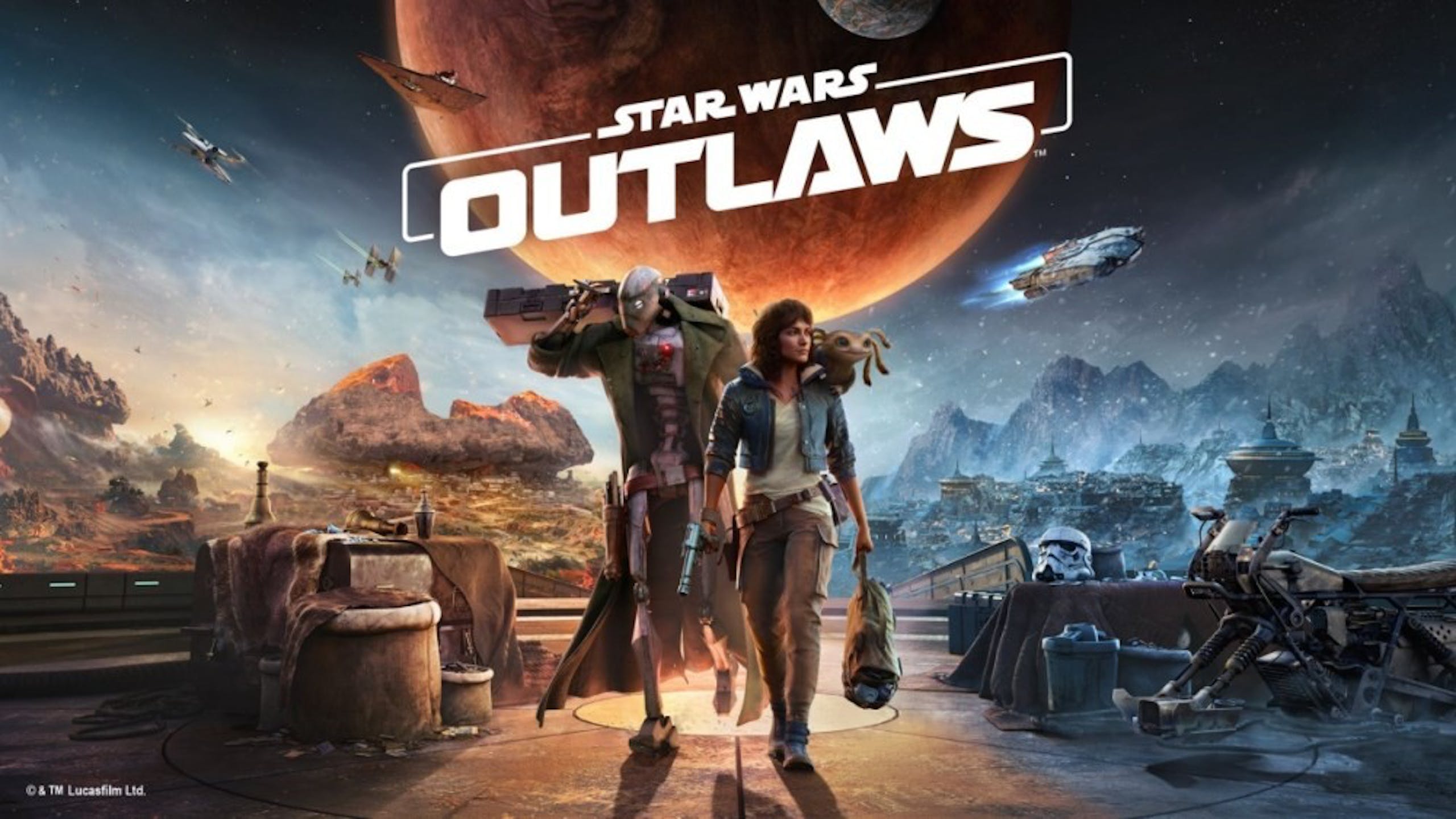 照片中提到了© & TM Lucasfilm Ltd.、STAR WARS、OUTLAWS，包含了星球大戰、育碧、星球大戰、開放世界、星球大戰遊戲