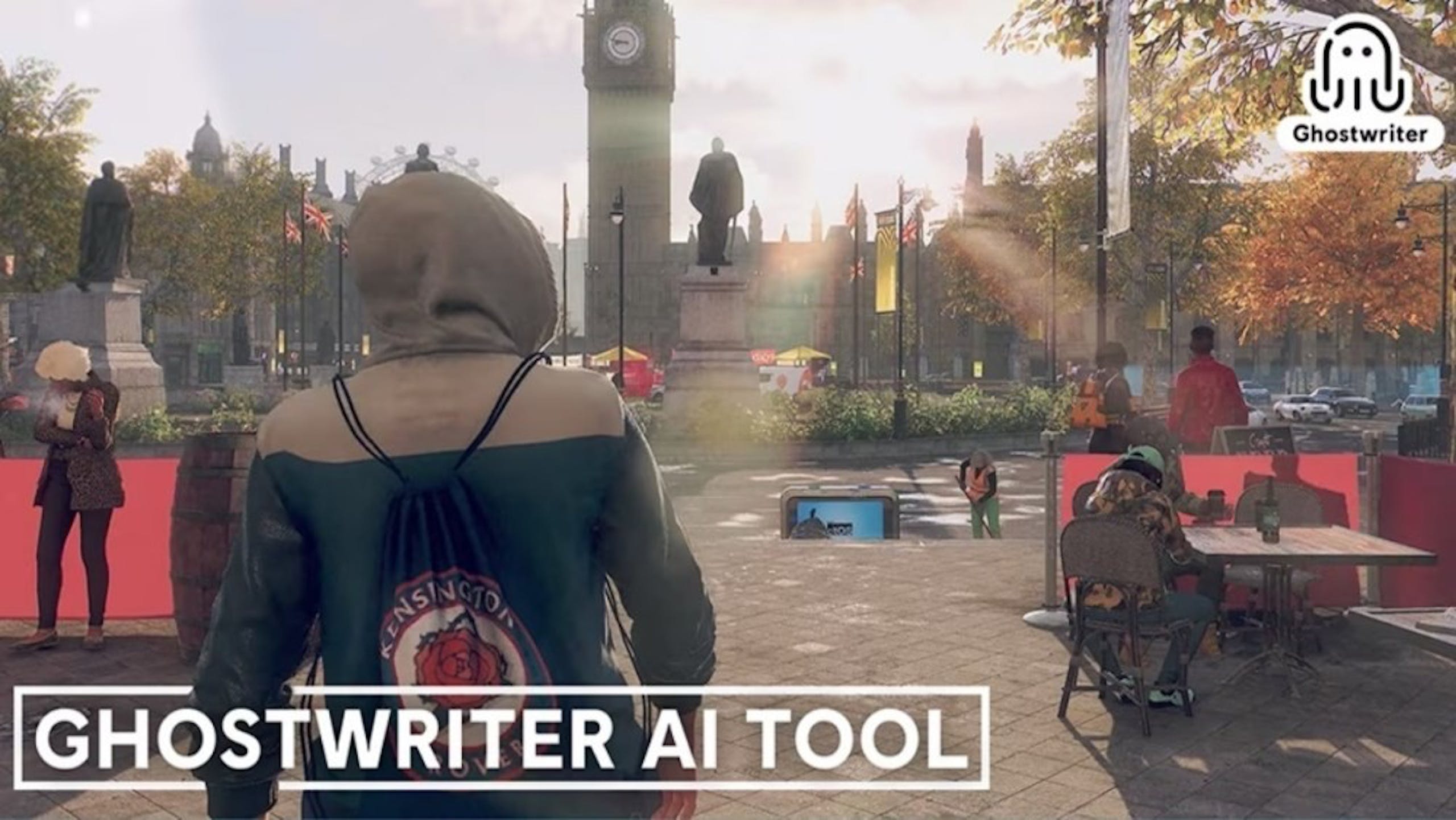 照片中提到了INGTO、GHOSTWRITER AI TOOL、M，包含了樹、紀元1800、湯姆克蘭西的幽靈行動斷點、育碧、育碧