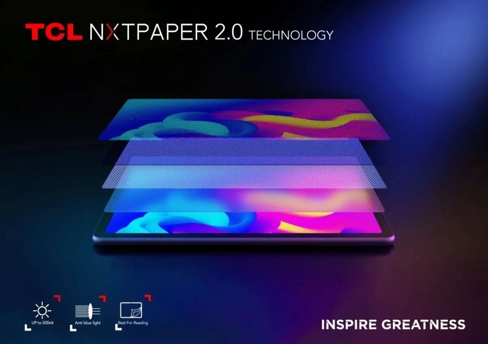 照片中提到了TCL NXTPAPER 2.0 TECHNOLOGY、UP to 500nit、Anti blue light,跟TCL公司有關,包含了TCL、顯示裝置、TCL NXTPAPER 4GB + 64GB 觸摸屏平板電腦智能平板 10.1 英寸 FHD 屏幕八核處理器,Android 11 帶 Wifi 後置攝像頭 8MP 和前置 5MP、TCL、增強現實