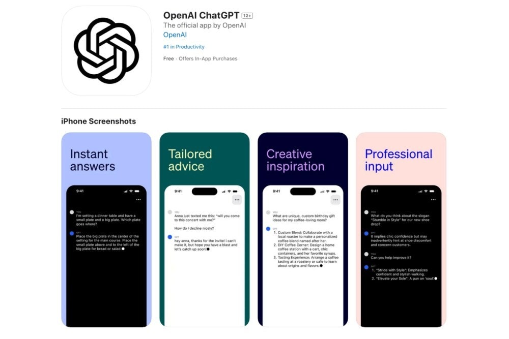照片中提到了iPhone Screenshots、Instant、answers,跟開放AI有關,包含了網站、聊天GPT、聊天機器人、的iOS