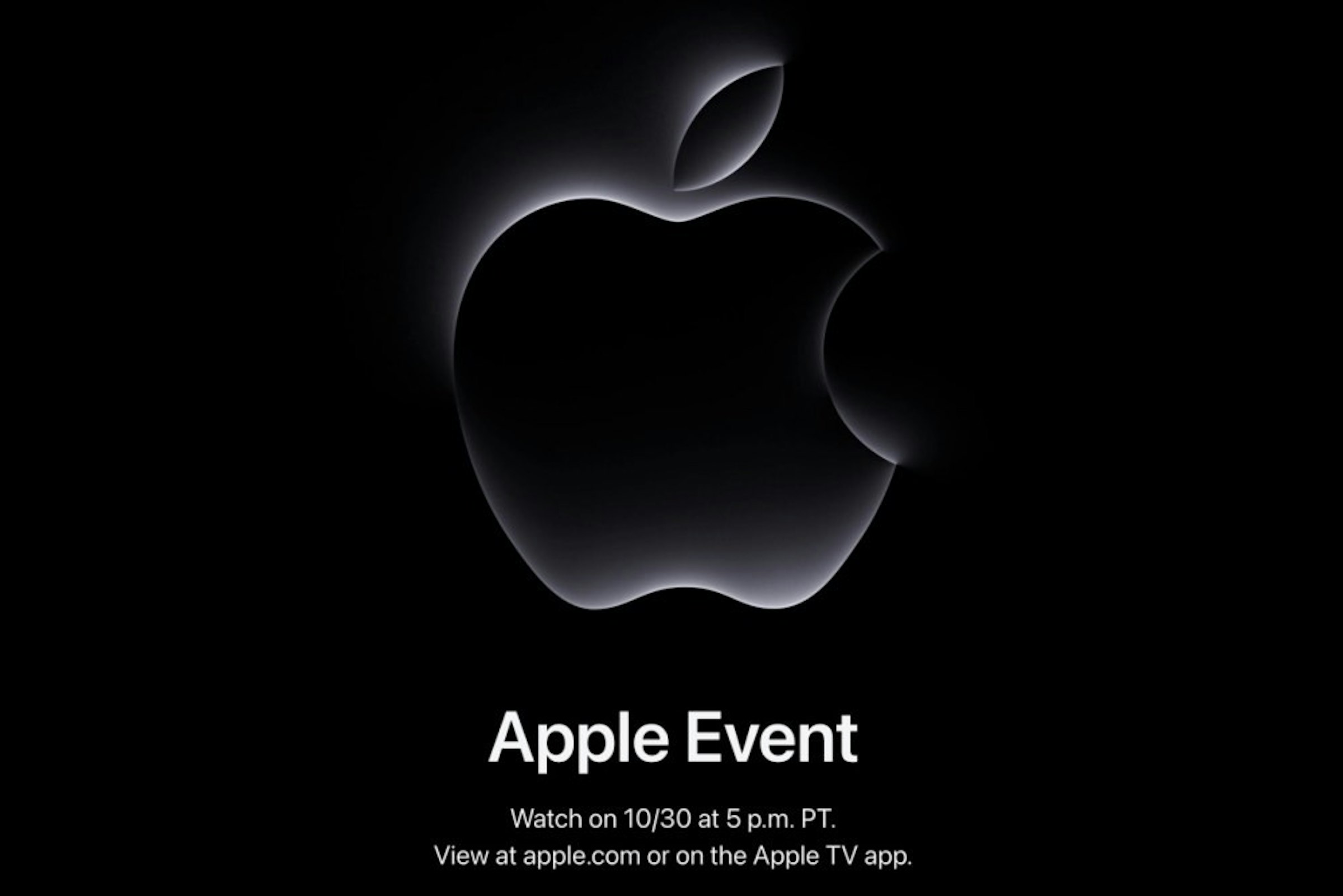 照片中提到了Apple Event、Watch on 10/30 at 5 p.m. PT.、View at apple.com or on the Apple TV app.，跟蘋果公司。有關，包含了愛、蘋果、蘋果、小型平板電腦、美國