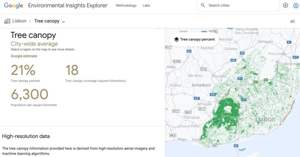 照片中提到了Google Environmental Insights Explorer、Lisbon Tree canopy、Tree canopy，跟谷歌有關，包含了天篷、天篷、熱、樹、人工智能