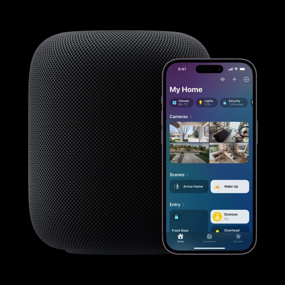 照片中提到了9:41、My Home、Climate,包含了Homepod 2代、HomePod、Apple HomePod(第 2 代)、智能音箱、蘋果