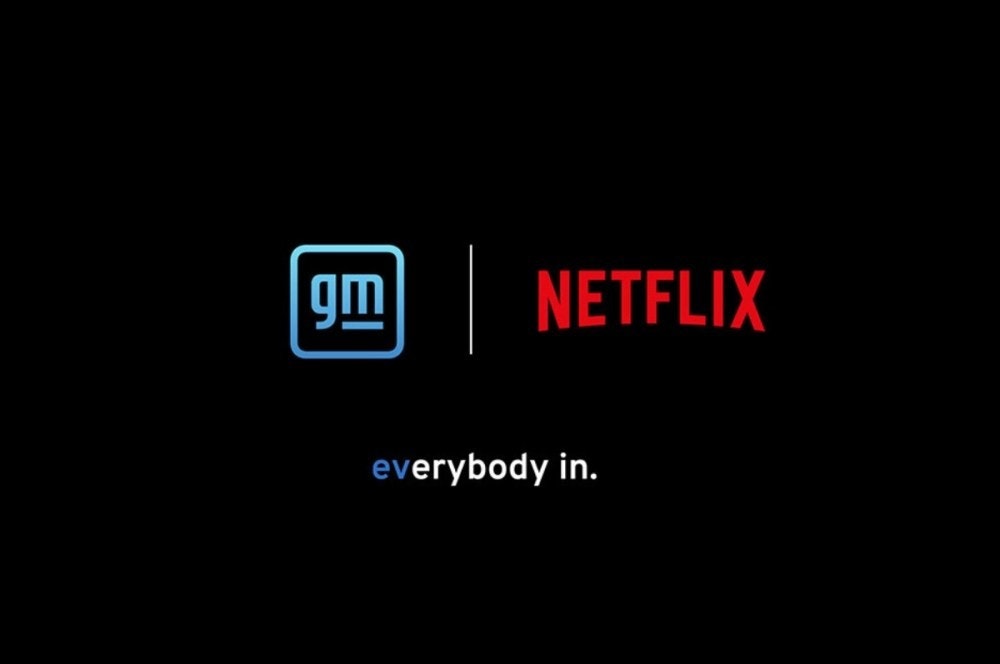 照片中提到了gm NETFLIX、everybody in.,跟網飛、國際筆會有關,包含了網飛設計、通用汽車、電動車