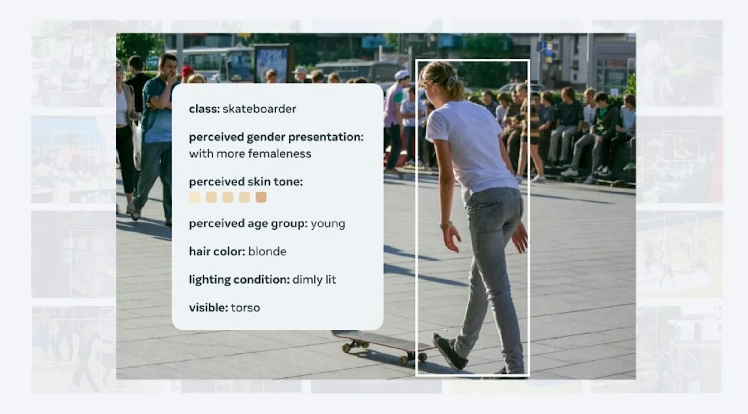 照片中提到了class: skateboarder、perceived gender presentation:、with more femaleness，包含了展示廣告、人工智能、計算機視覺、偏見、電腦