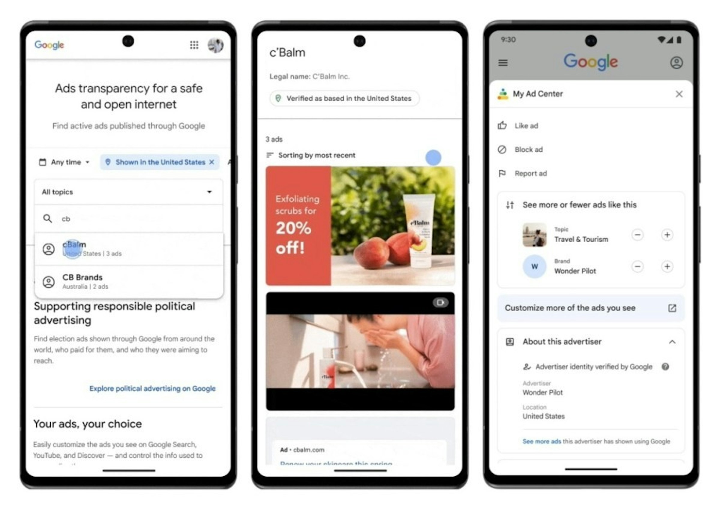 照片中提到了Google、Ads transparency for a safe、and open internet，包含了網頁、手機、數碼展示廣告、多媒體、移動電話