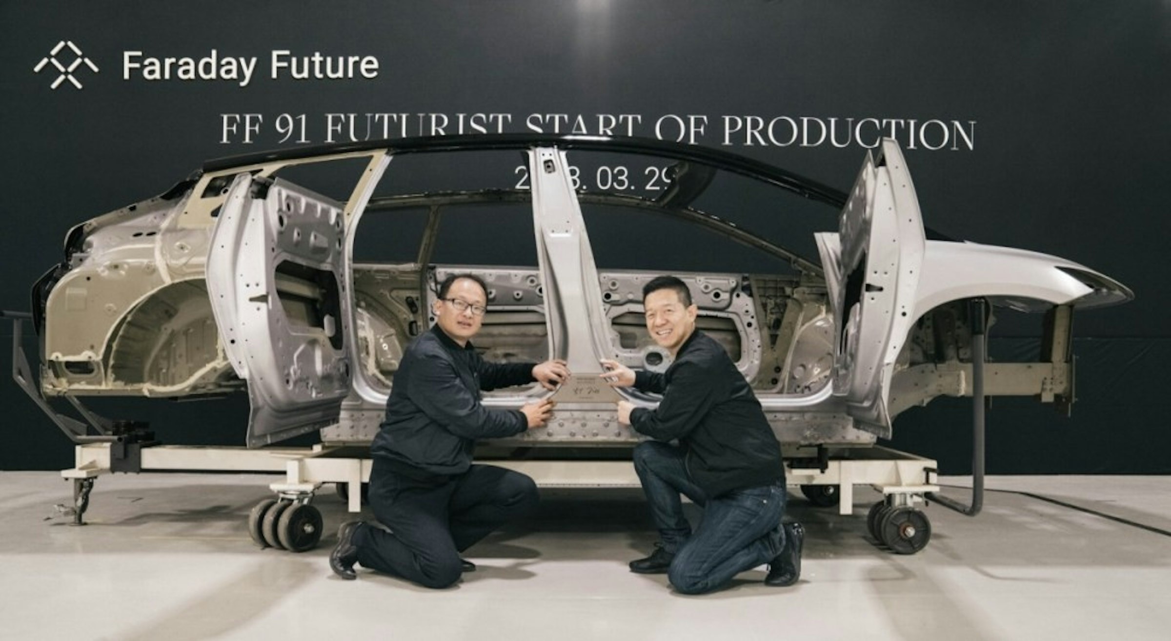 照片中提到了Faraday Future、FF 91 FUTURIST START OF PRODUCTION、8. 03. 20，跟富蘭克林電氣有關，包含了法拉第未來FF 91、賈躍亭、法拉第未來FF 91、汽車、量產車