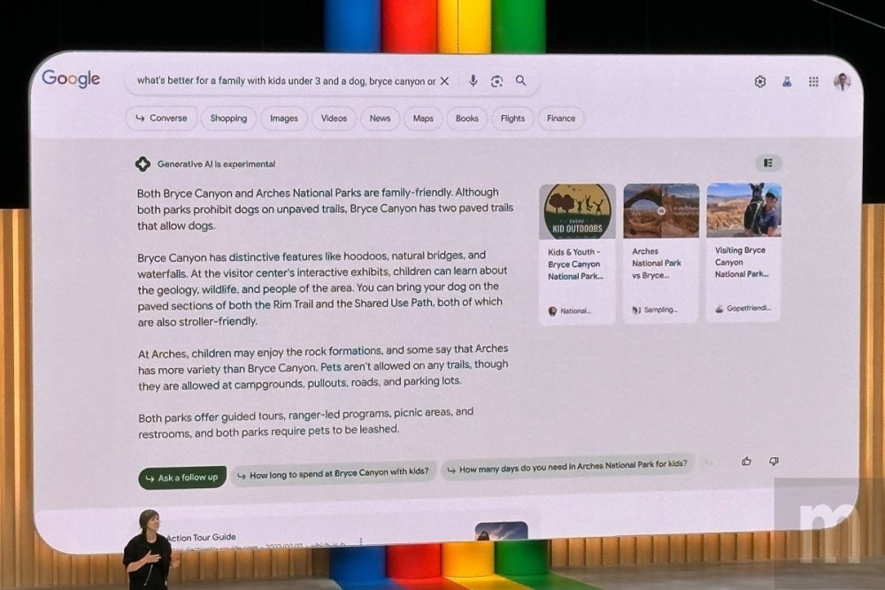 照片中提到了Google、what's better for a family with kids under 3 and a dog, bryce canyon or X a、Converse Shopping,跟翼有關,包含了谷歌搜索人工智能、Google I / O、谷歌、人工智能、生成式人工智能