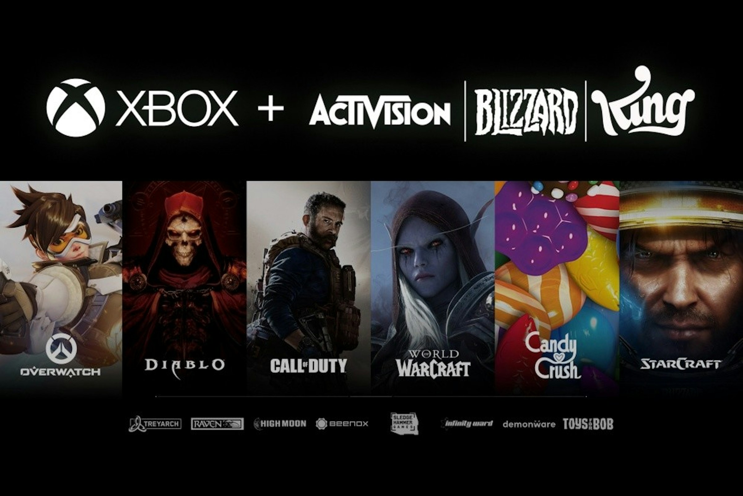 照片中提到了OVERWATCH、XBOX + ACTIVISION BILZZARD King、DIABLO，跟動視暴雪、的Xbox有關，包含了微軟收購動視暴雪、菲爾·斯賓塞、微軟收購動視暴雪、爐石傳說、魔獸世界