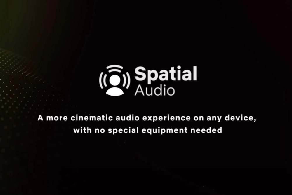 照片中提到了Spatial、Audio、A more cinematic audio experience on any device,,包含了黑暗、平面設計、學習、文本、圖片