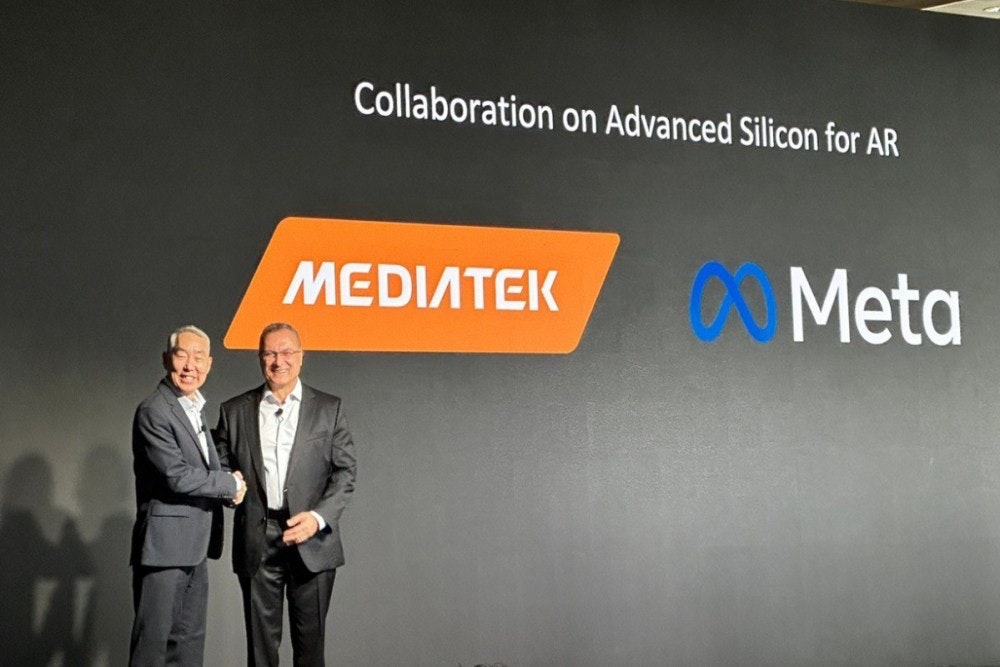 照片中提到了Collaboration on Advanced Silicon for AR、MEDIATEK、Meta,跟聯發科、新co有關,包含了介紹、公共關係、介紹、商業、牌