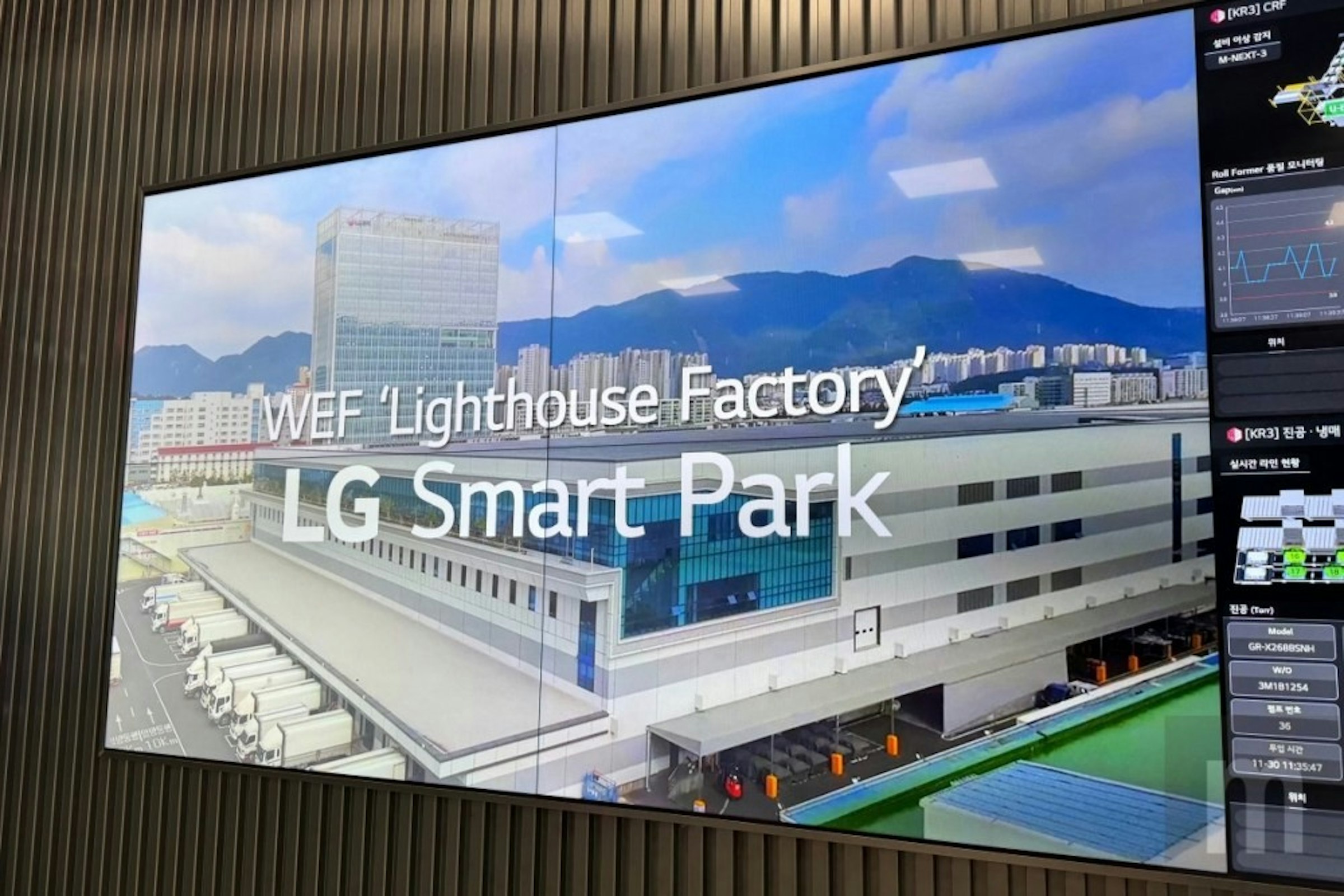照片中提到了WEF 'Lighthouse Factory、LG Smart Park、[KR3] CR，包含了顯示裝置、數碼展示廣告、顯示裝置、牌、運動場館