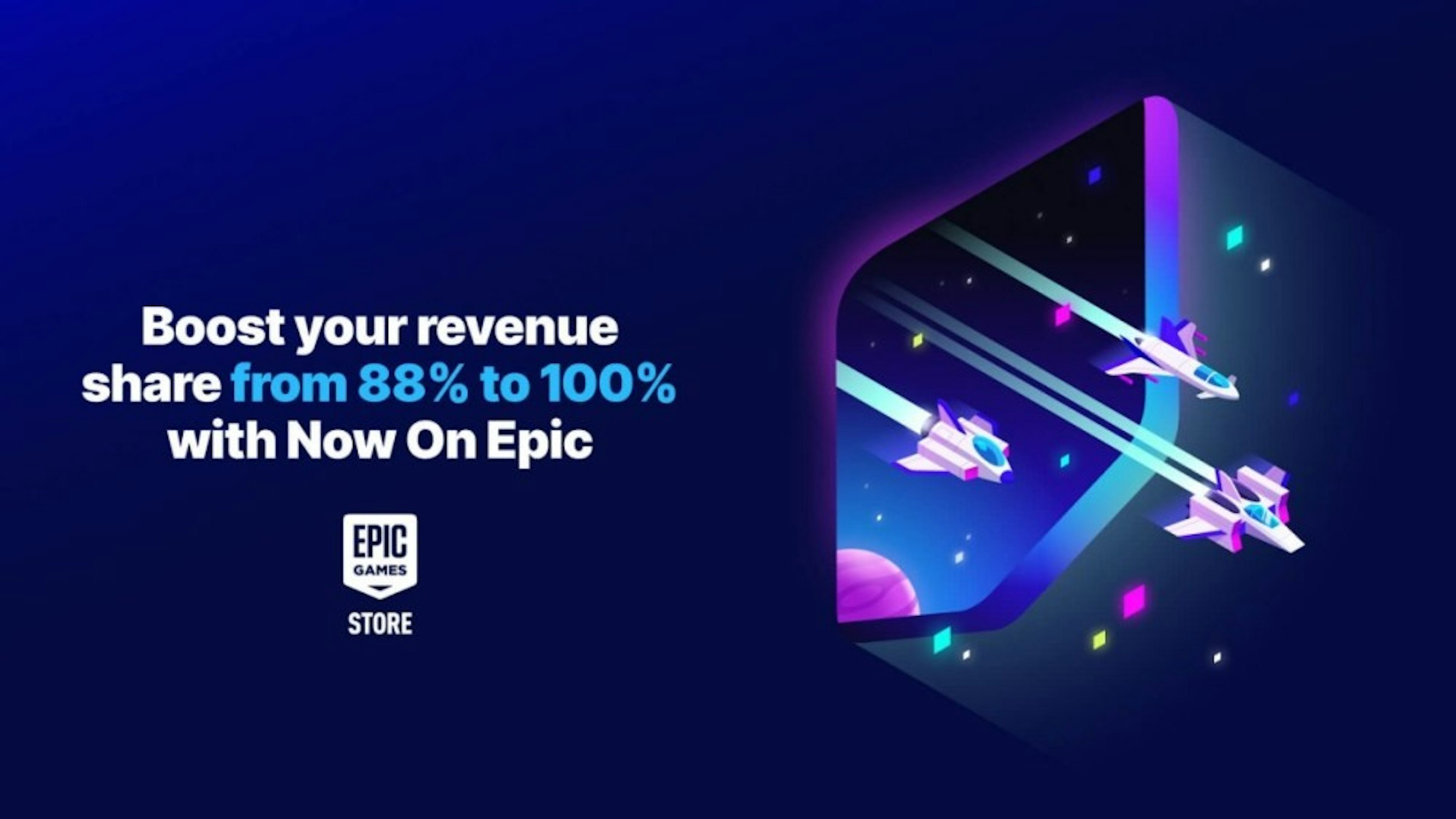 照片中提到了Boost your revenue、share from 88% to 100%、with Now On Epic，跟史詩遊戲有關，包含了光、消逝的光芒2保持人類、堡壘之夜、犯罪頭目：洛基市、《消逝的光芒：壞血》