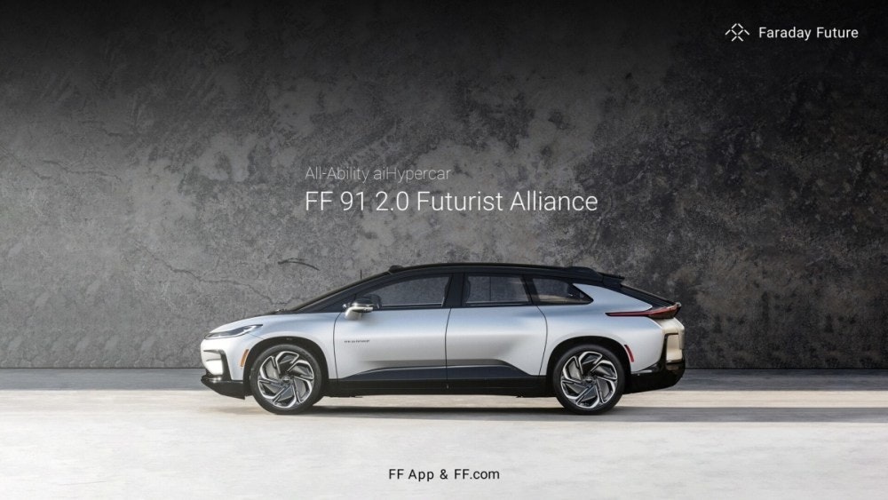 照片中提到了All-Ability aiHypercar、FF 91 2.0 Futurist Alliance、FF App & FF.com,包含了輪緣、特斯拉、汽車、法拉第未來FF 91、法拉第未來