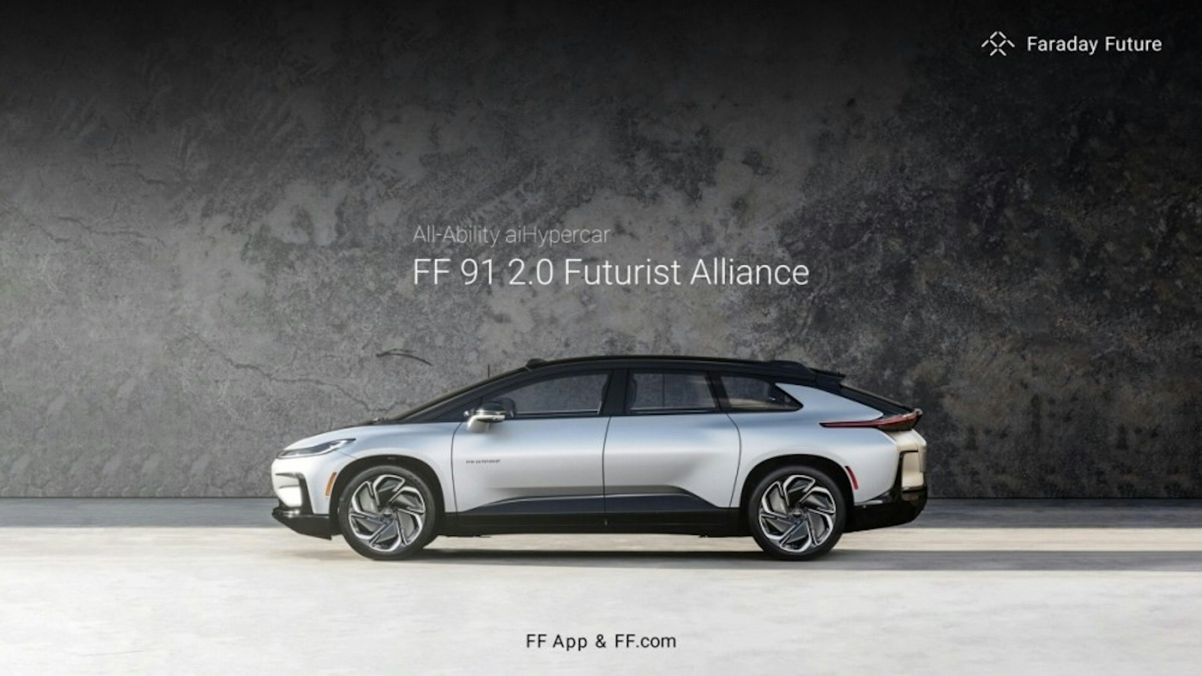 照片中提到了All-Ability aiHypercar、FF 91 2.0 Futurist Alliance、FF App & FF.com，包含了輪緣、特斯拉、汽車、法拉第未來FF 91、法拉第未來