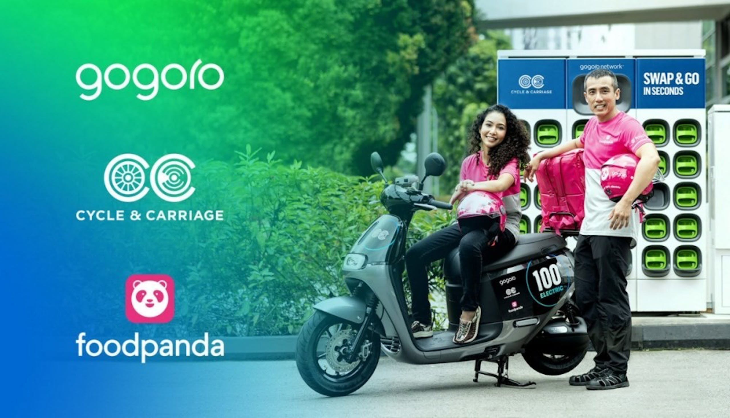 照片中提到了gogoro、CYCLE & CARRIAGE、foodpanda,跟五郎郎、熊貓有關,包含了汽車、摩托車、自行車和運輸、電動車
