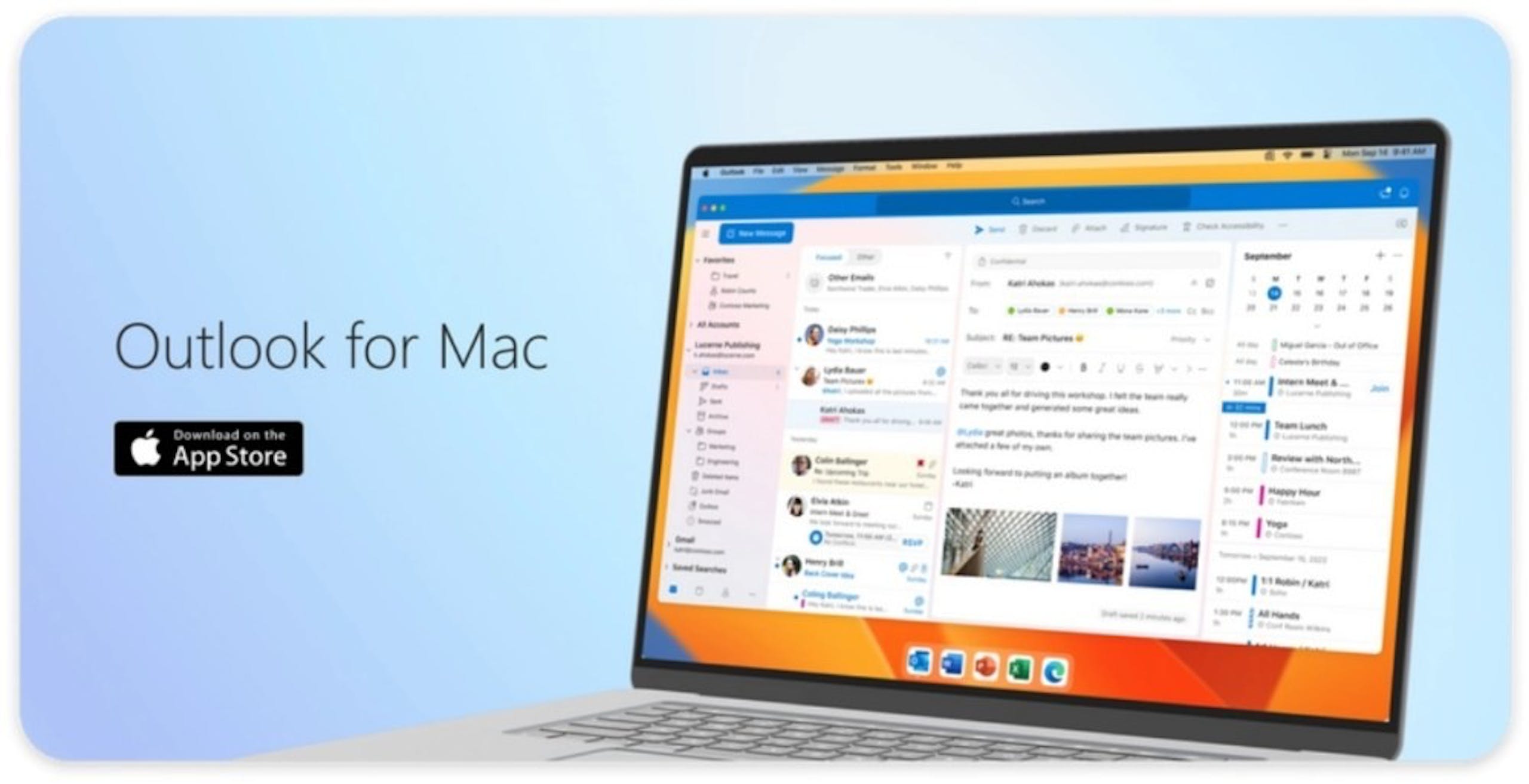 照片中提到了Outlook for Mac、Download on the、App Store，跟蘋果商店有關，包含了微軟展望、微軟公司、Michigan Awesome Lake Michigan 男女通用 T 卹 (XL)、微軟 365、微軟展望