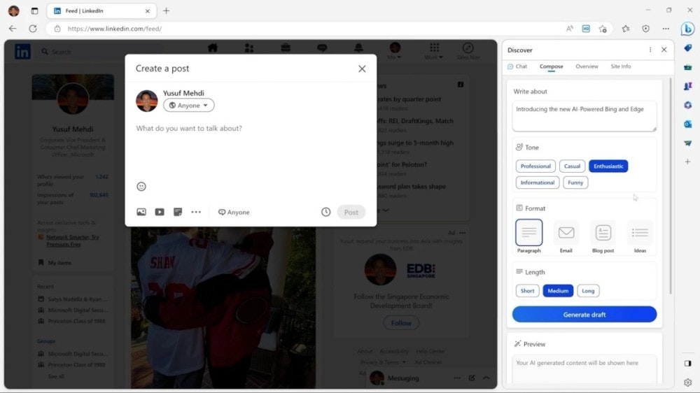 照片中提到了C、in Feed | LinkedIn、in Search,包含了微軟邊緣、微軟必應、微軟公司、微軟邊緣、網頁瀏覽器