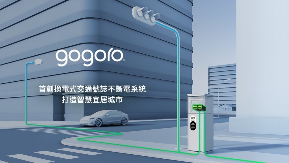 照片中提到了gogoro.、首創換電式交通號誌不斷電系統、打造智慧宜居城市,跟五郎郎、關注家庭有關,包含了玻璃、汽車、電池、電力