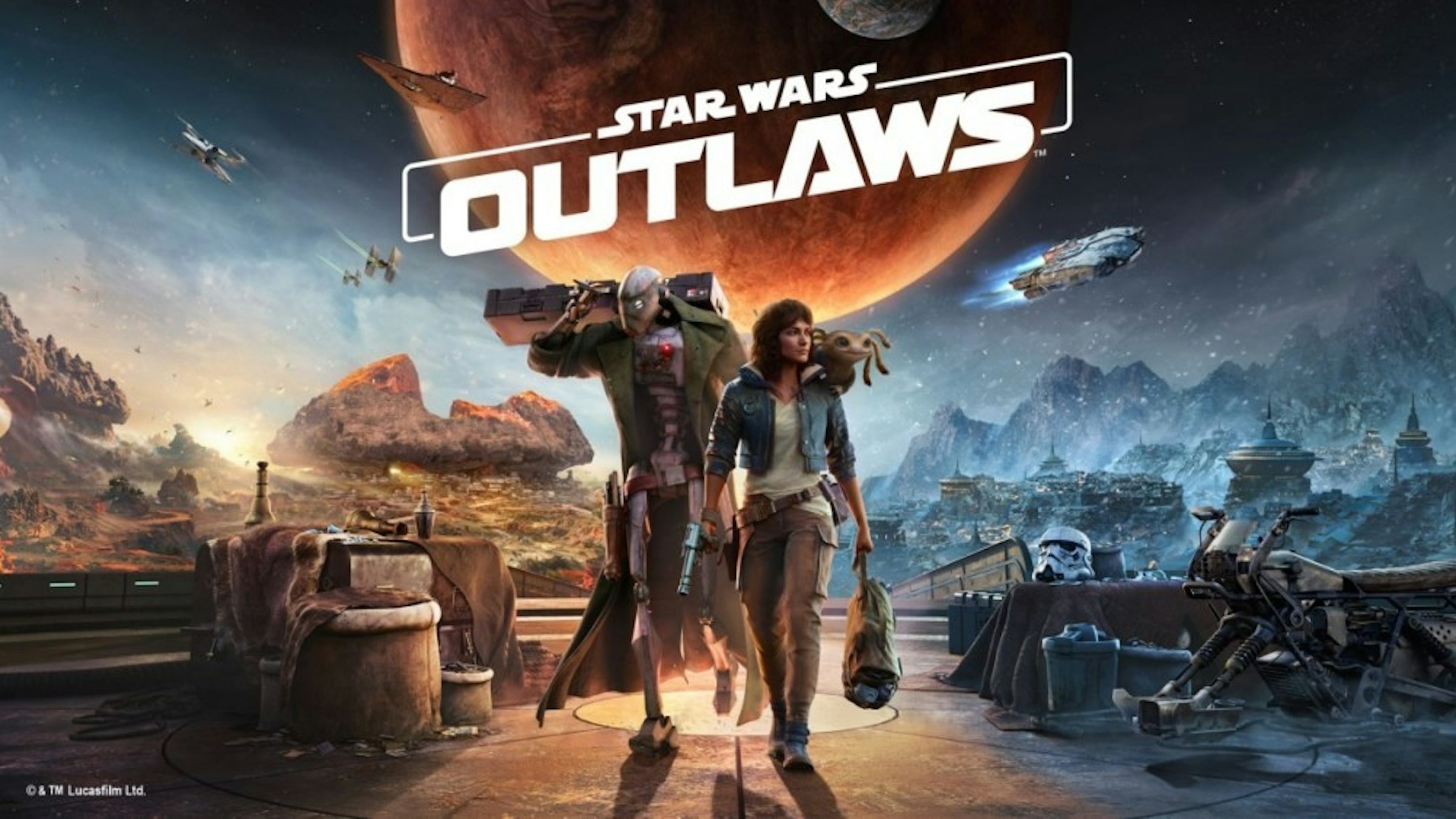 照片中提到了© & TM Lucasfilm Ltd.、STAR WARS、OUTLAWS，包含了星球大戰、育碧、開放世界、盧卡斯影業有限公司、星球大戰遊戲