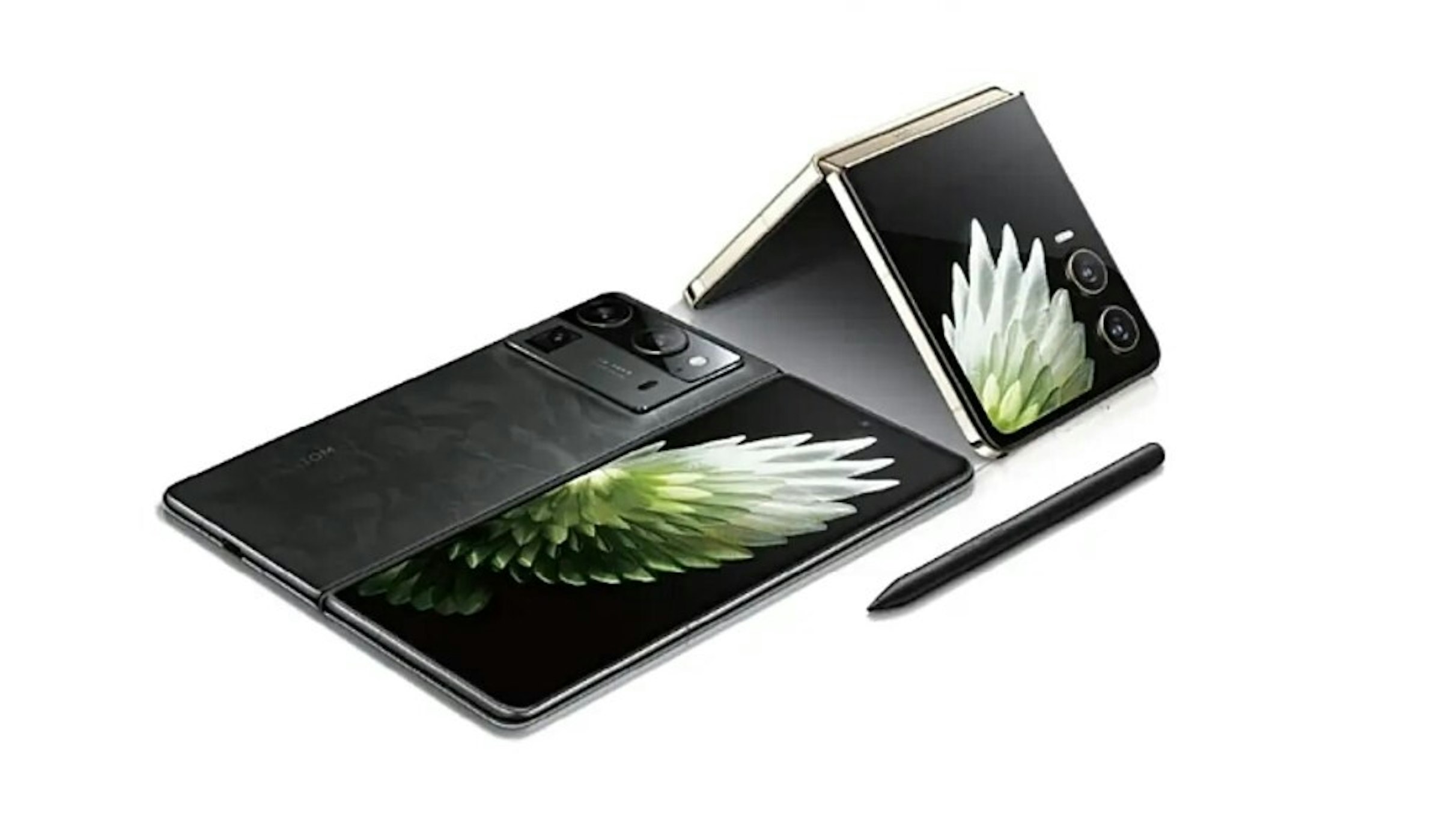 照片中包含了Tecno Phantom V 翻蓋、Tecno Phantom V 翻蓋、Tecno Phantom V Fold 5G 512GB 12GB RAM Gsm 解鎖手機聯發科天璣 9000 Plus 50MP、特克諾、可折疊智能手機