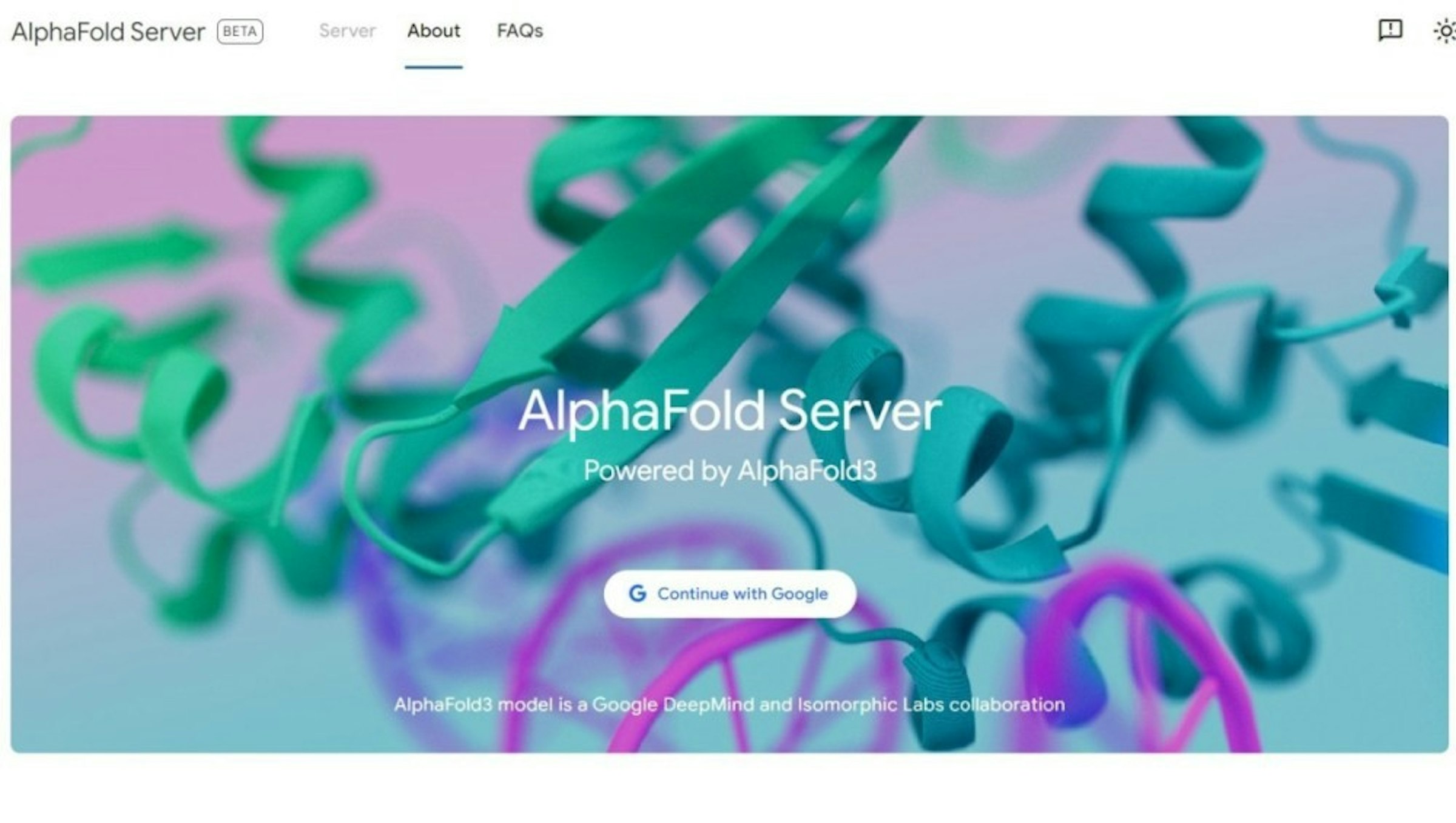 照片中提到了AlphaFold Server BETA、Server About、FAQs，包含了折疊、折疊、深心、蛋白、深度學習