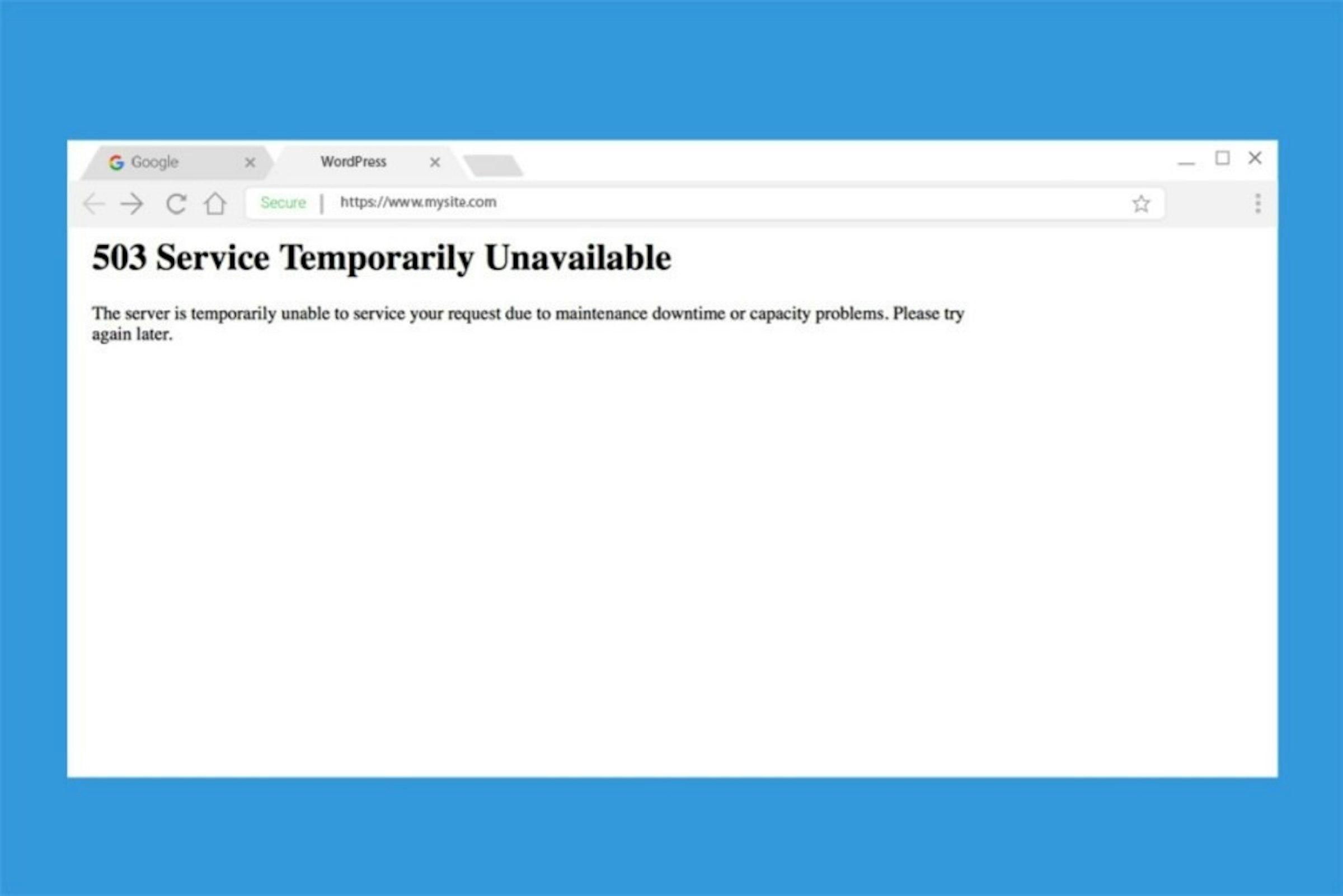 照片中提到了G Google、WordPress、Secure https://www.mysite.com，跟谷歌有關，包含了錯誤503服務不可用、HTTP 503、服務器、不可用、內置