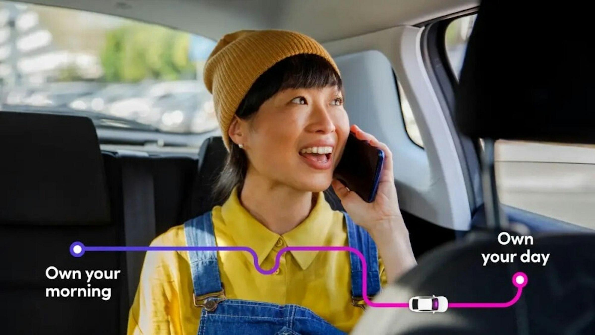 照片中提到了Own your、morning、Own，包含了女孩、Lyft、便宜的、昂貴的、汽車