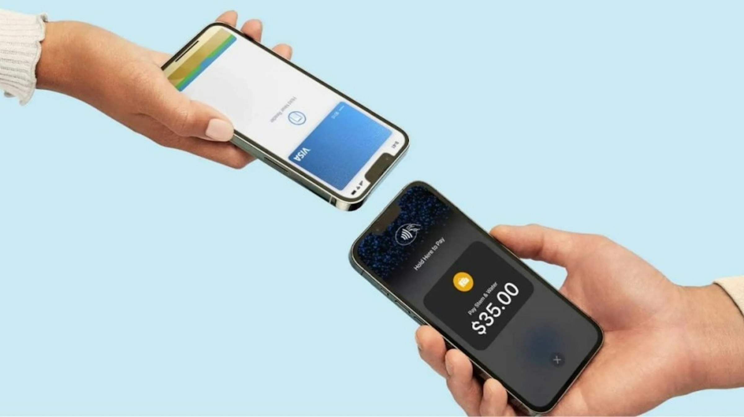 照片中提到了Pay Stem & Water、$35.00、Hold Here to Pay，包含了在 iPhone Square 上點擊支付、廣場、蘋果手機、非接觸式付款、付款