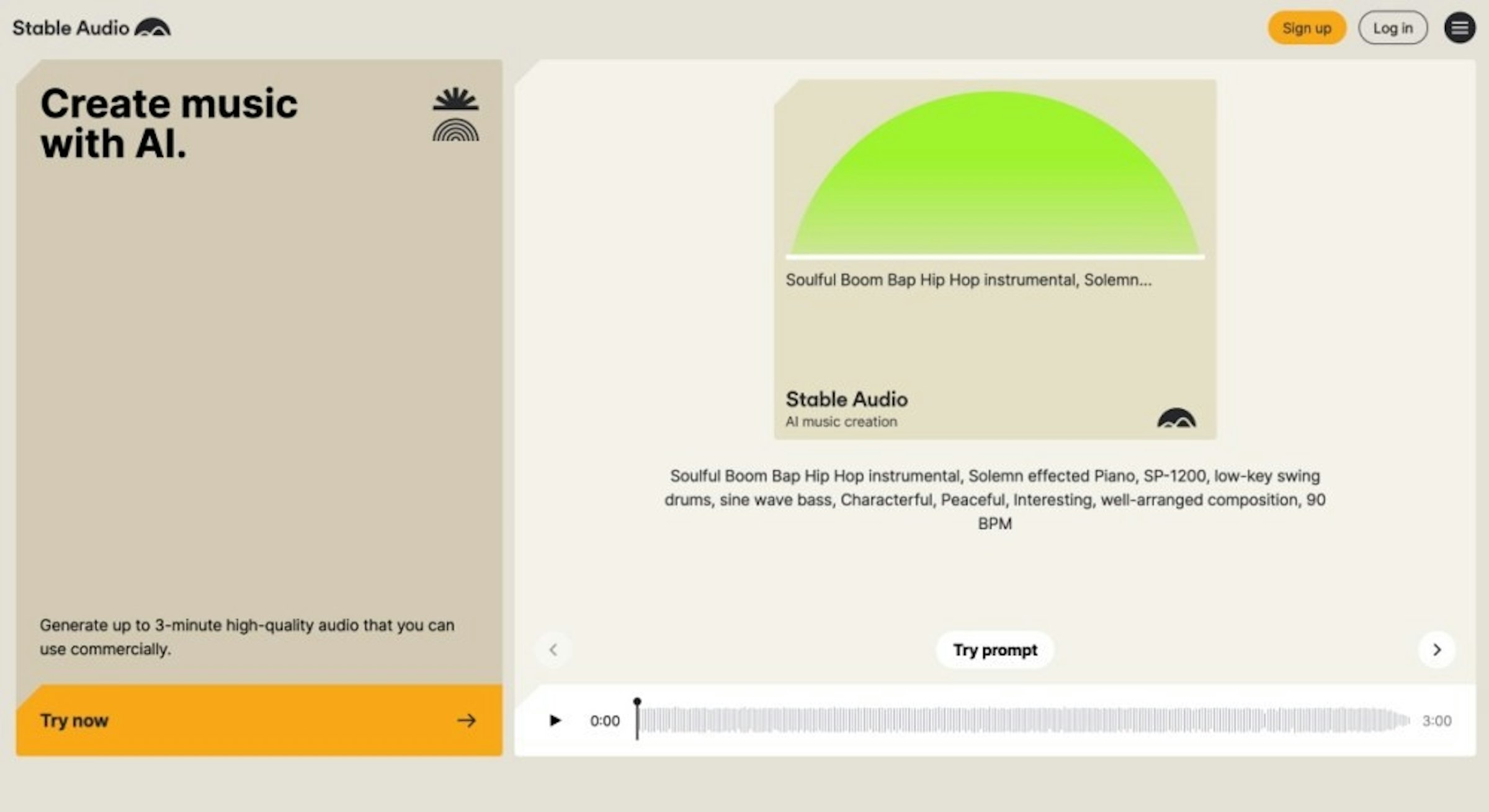 照片中提到了Stable Audio、Create music、with Al.，包含了屏幕截圖、屏幕截圖、文本、儀表