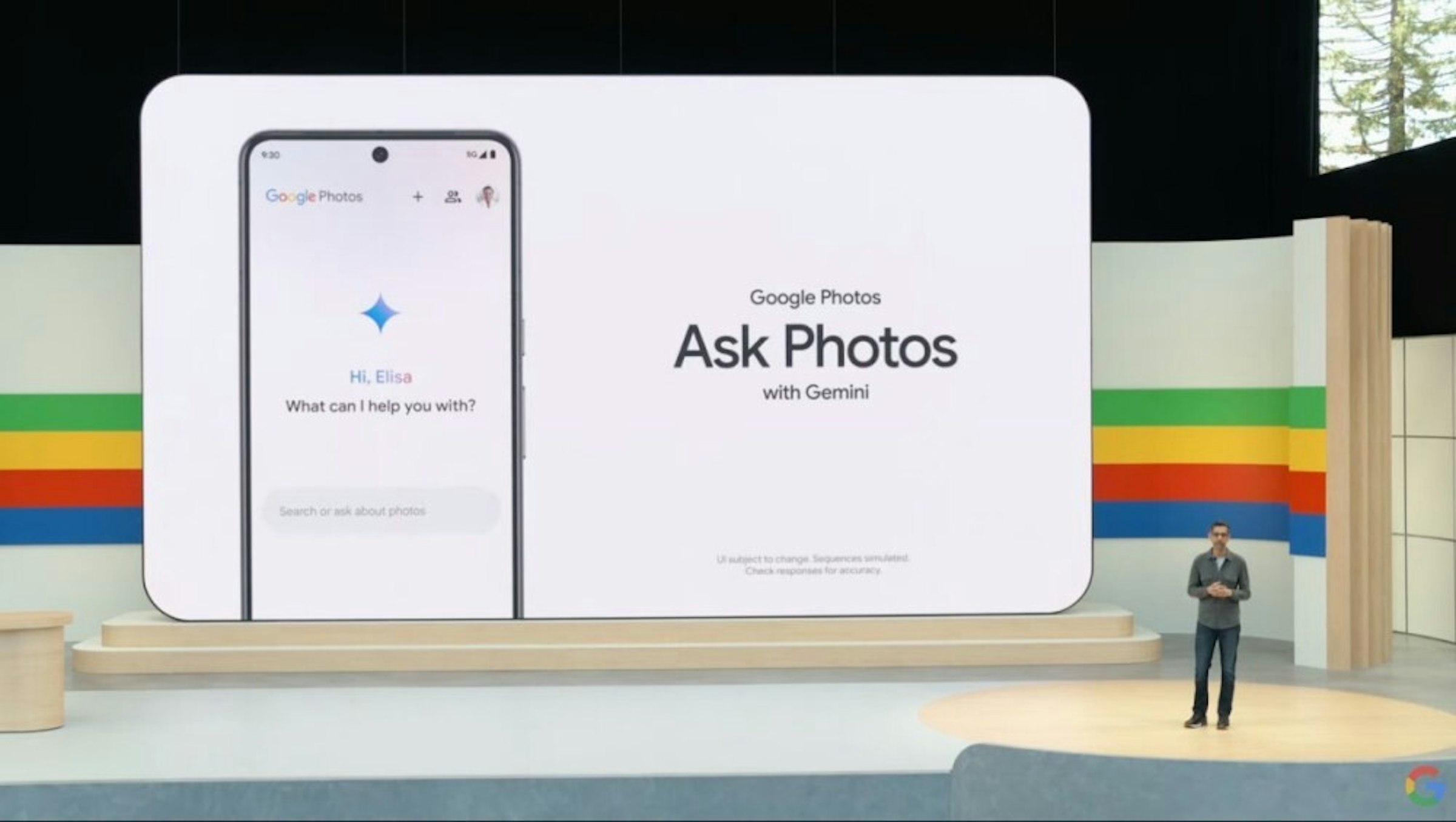 照片中提到了Google Photos、Hi, Elisa、What can I help you with?，包含了詢問照片谷歌、2024 年Google I/O 大會、谷歌、Google相簿、雙子座