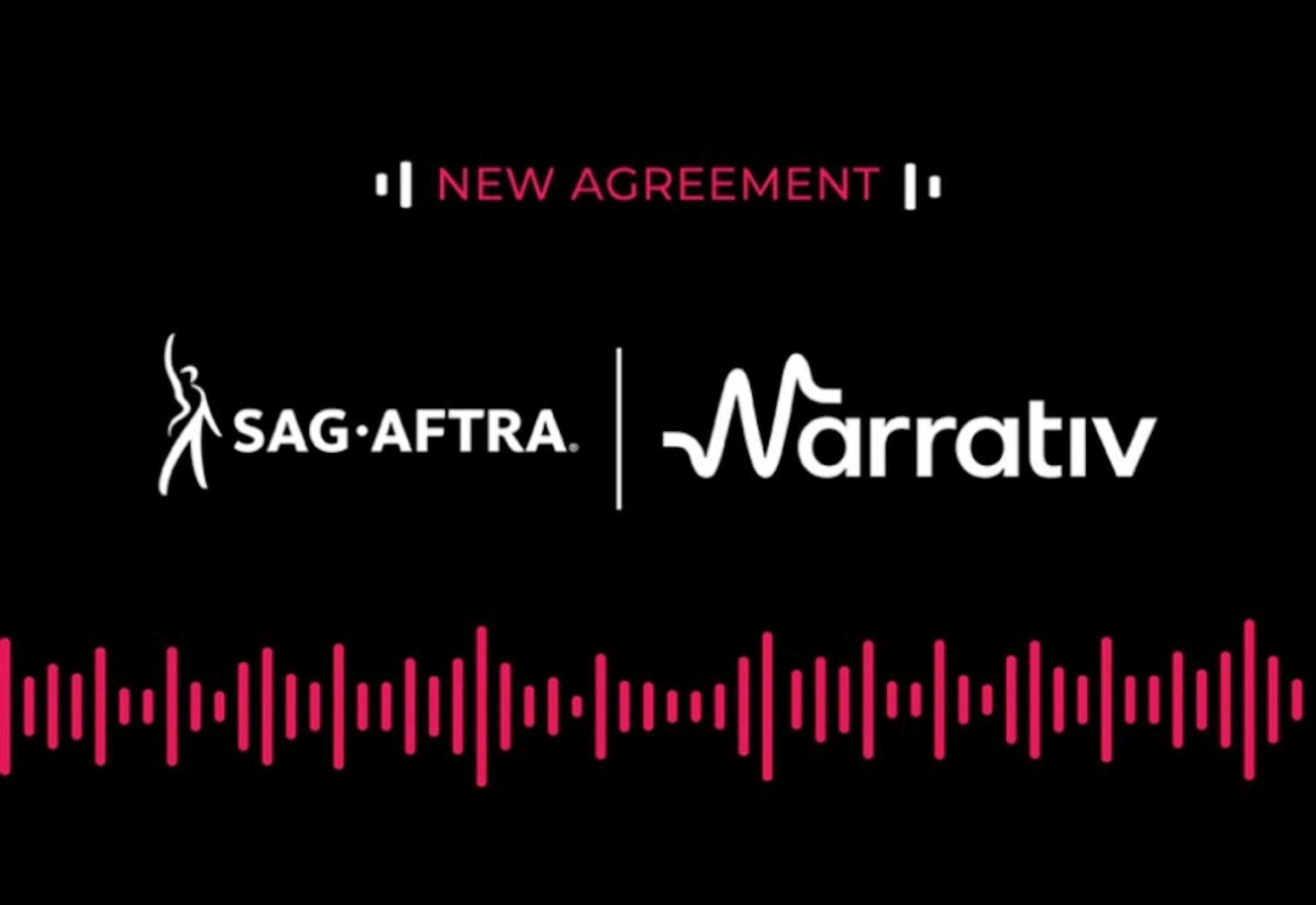 照片中提到了| NEW AGREEMENT |、SAG-AFTRA、Narrativ，跟美國演員工會-AFTRA有關，包含了平面設計、澳洲貿易協會、2023 年 SAG-AFTRA 罷工、人工智慧語音