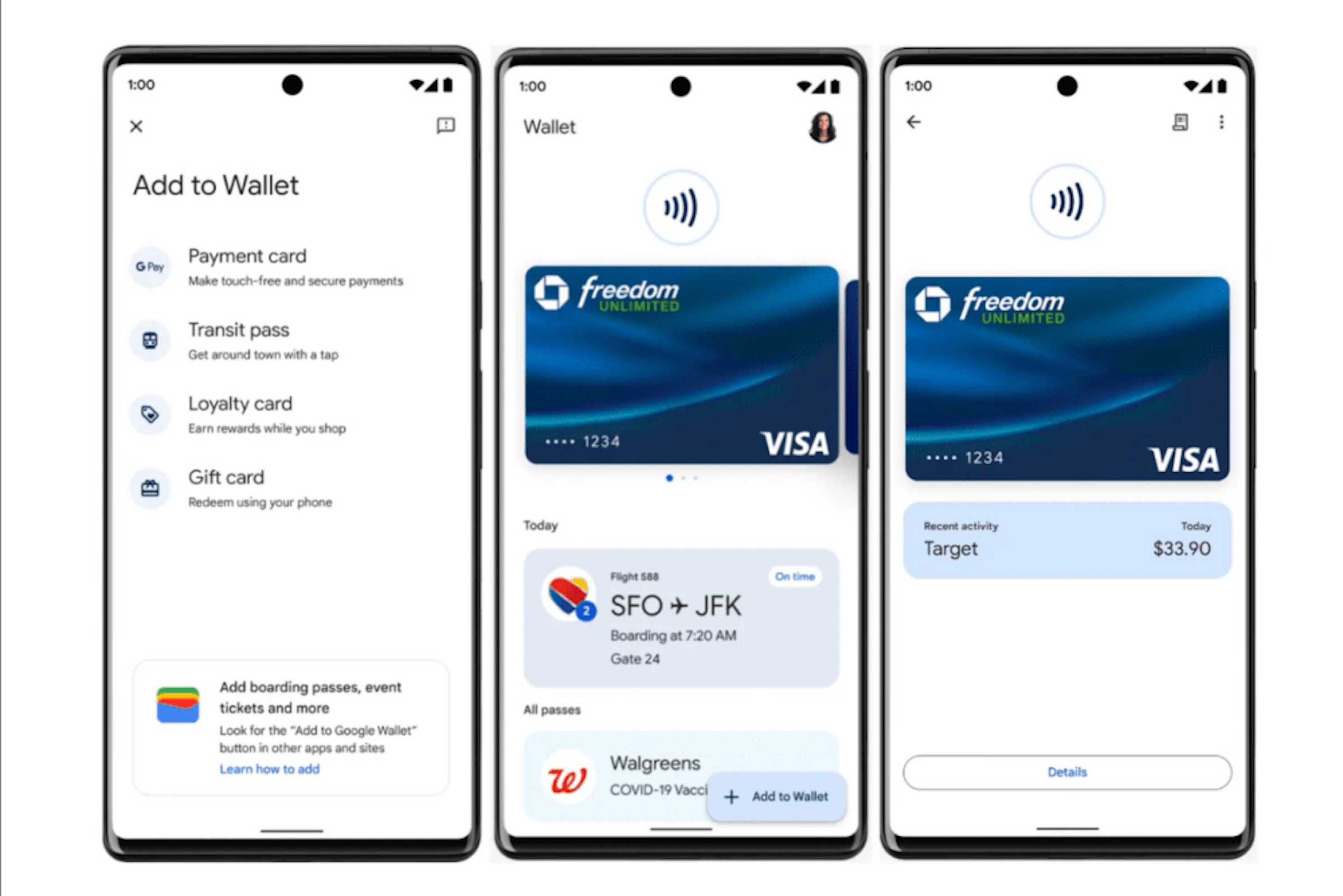 照片中提到了1:00、X、Add to Wallet，跟大通銀行、大通銀行有關，包含了Google Pay、Google Pay、谷歌、手機、移動電話