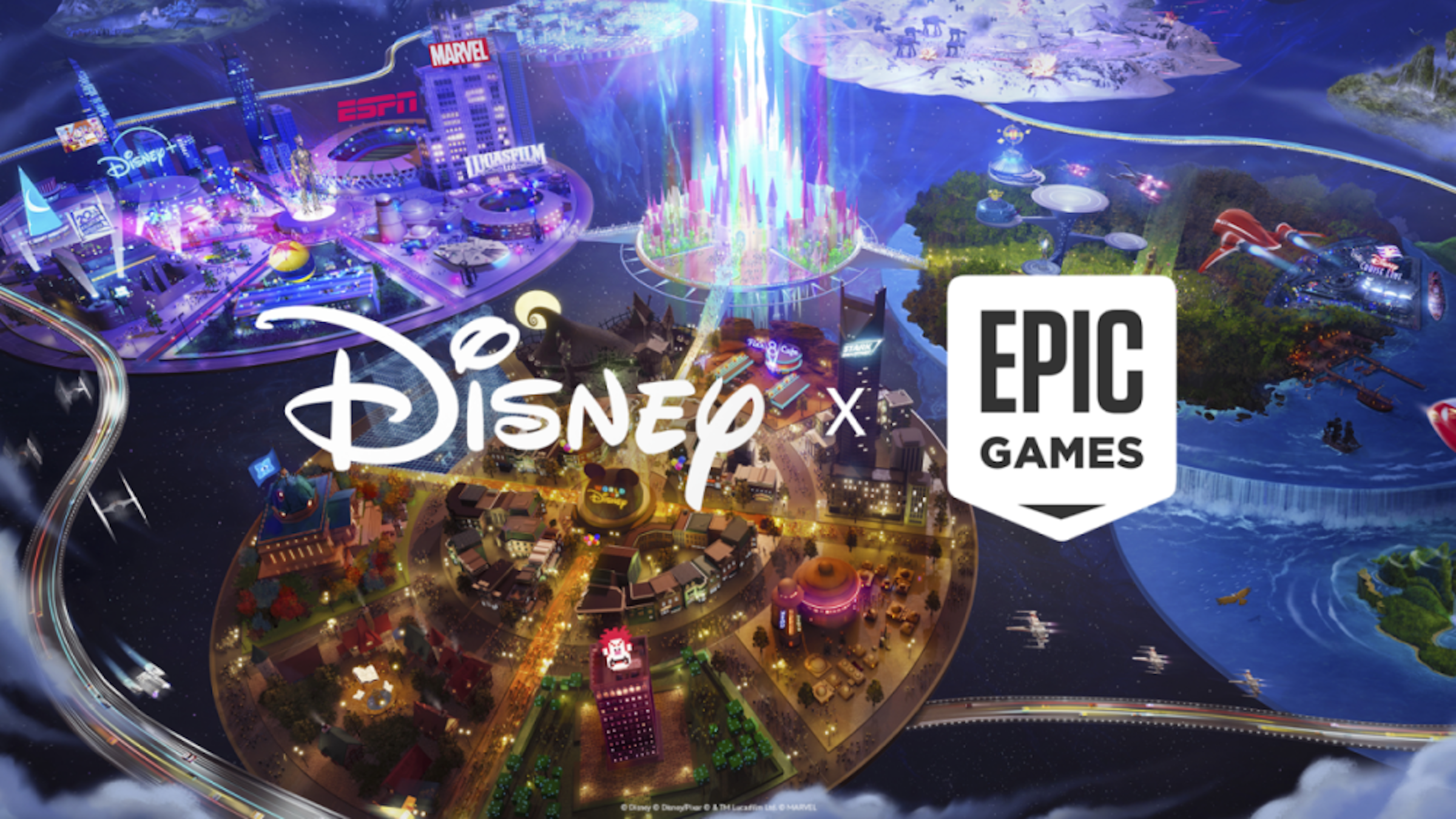 照片中提到了Disney、MARVEL、DGASPILM，跟史詩遊戲、沃爾特迪斯尼公司有關，包含了迪士尼商店、堡壘之夜、迪士尼宇宙、迪士尼樂園度假區