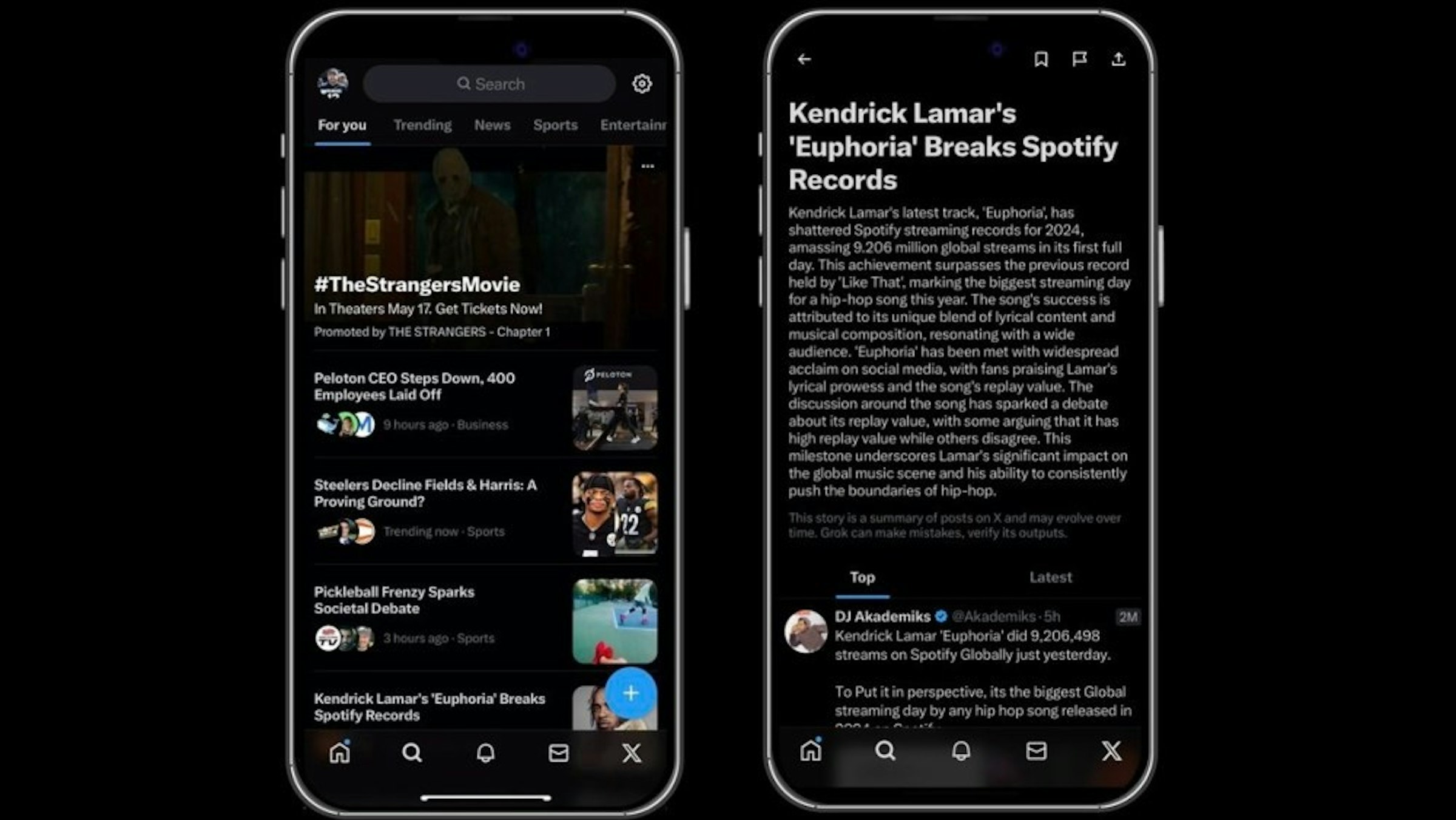 照片中提到了Q Search、For you、Trending，跟Spotify有關，包含了蘋果手機、蘋果手機、人工智能、艾特新聞、情報