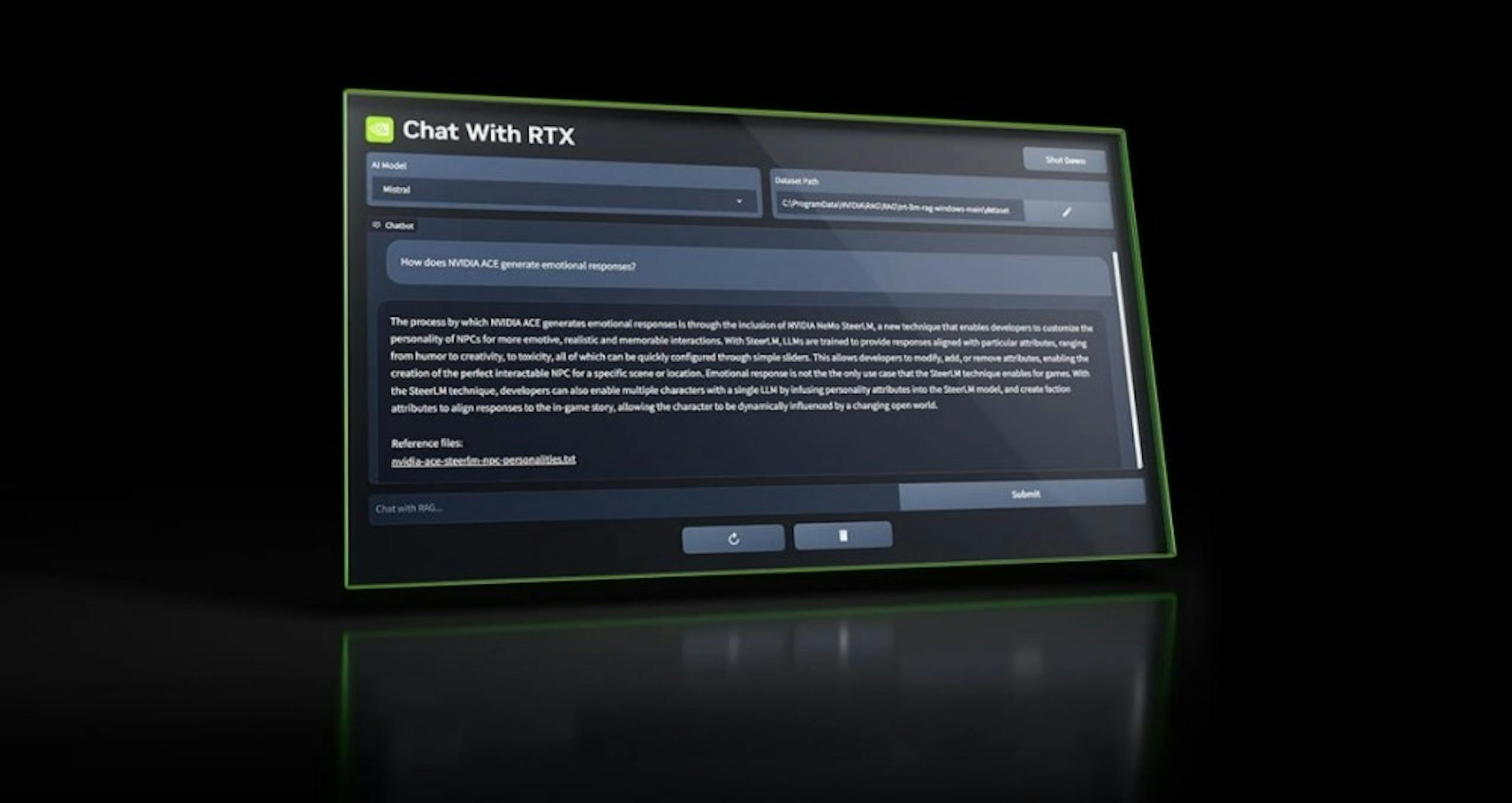 照片中提到了Chat With RTX、Mistral、How does NVIDIA ACE generate emotional responses?，包含了聊天機器人、顯示卡、英偉達、聊天機器人、電腦