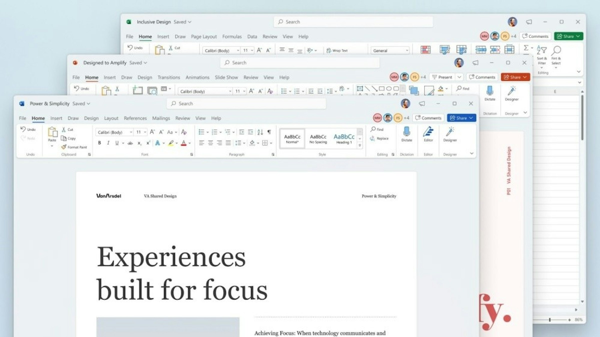 照片中提到了Inclusive Design Saved v、Search、File Home Insert Draw Page Layout Formulas Data Review View Help，包含了屏幕截圖、應用程序軟件、計算機程序、軟件、電腦