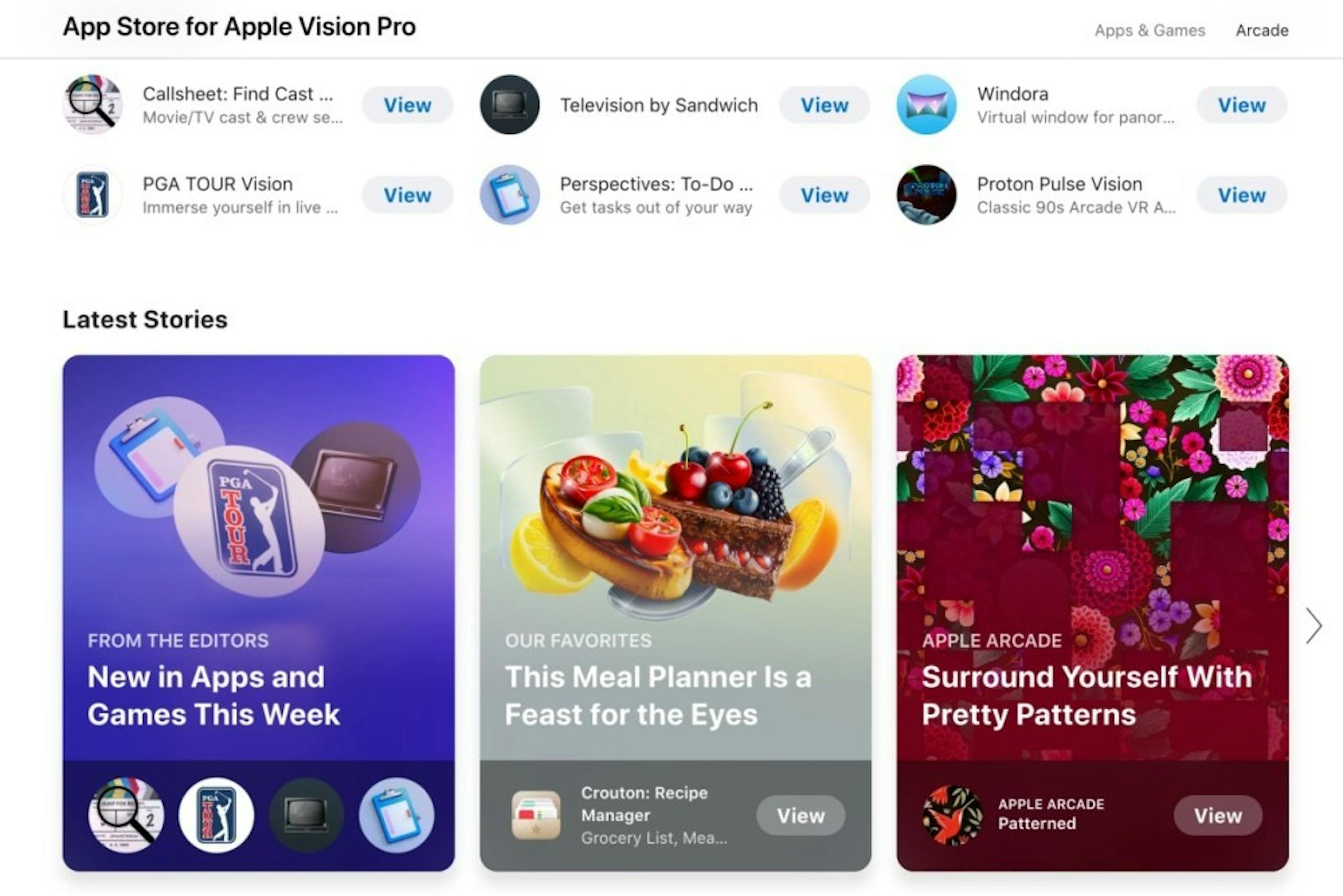 照片中提到了App Store for Apple Vision Pro、Apps & Games、Arcade，跟美巡賽有關，包含了屏幕截圖、屏幕截圖、網頁、文本、圖標
