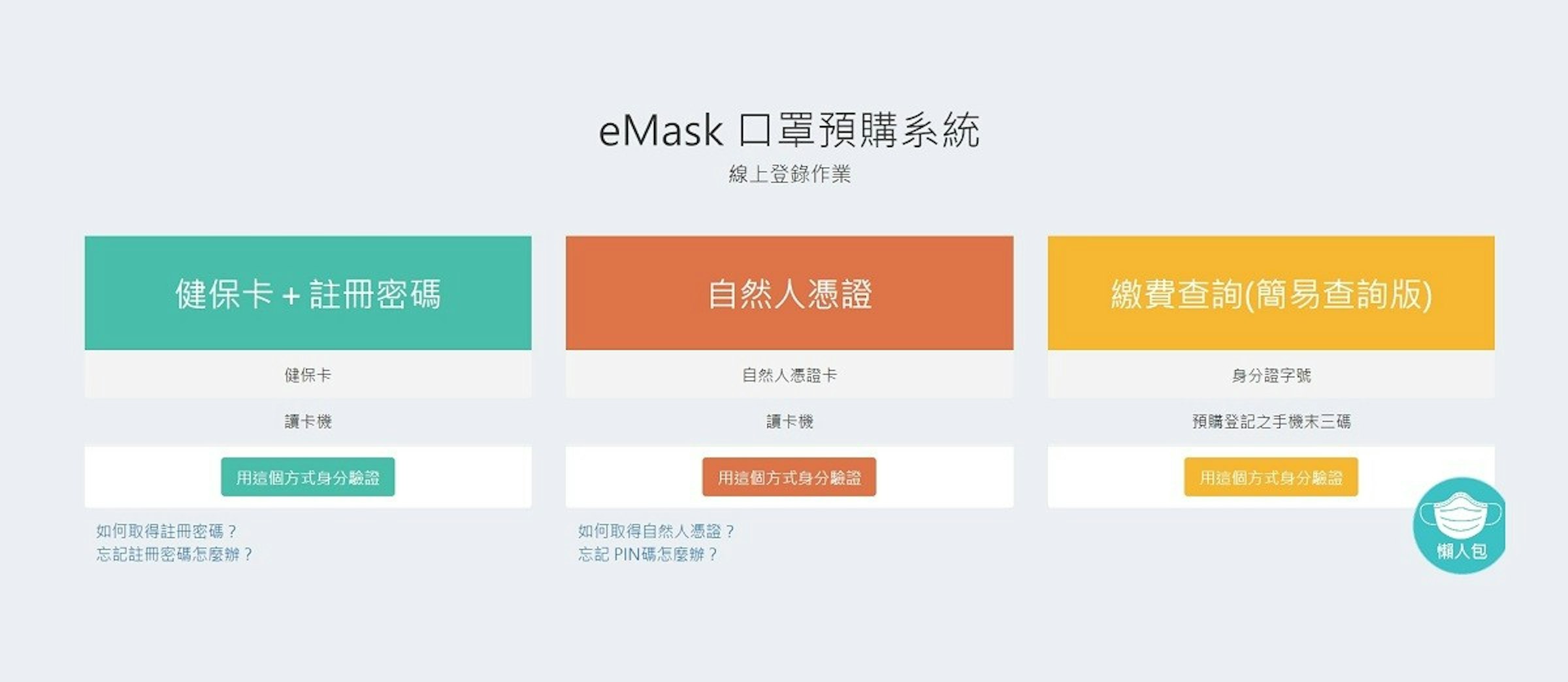 照片中提到了eMask DE、線上登錄作業、健保卡+註冊密碼，包含了網站、自然人、稅、2019–20年冠狀病毒大流行、呼吸器