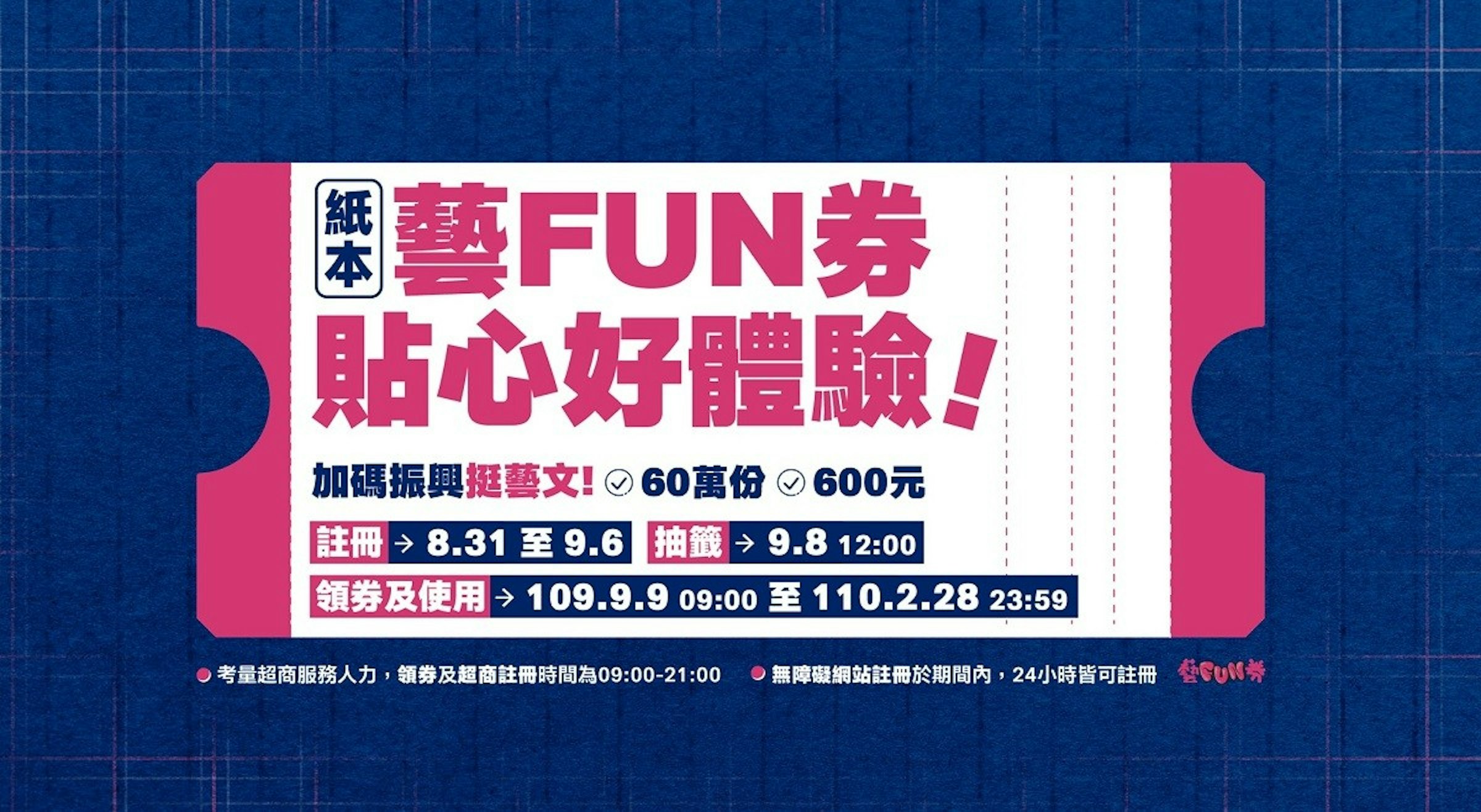 照片中提到了黑藝FUN券、貼心好體驗!、加碼振興挺藝文!の60萬份の600元，跟英國遺產有關，包含了台灣文化部、台灣省、國立台灣博物館、文化、台灣文化部