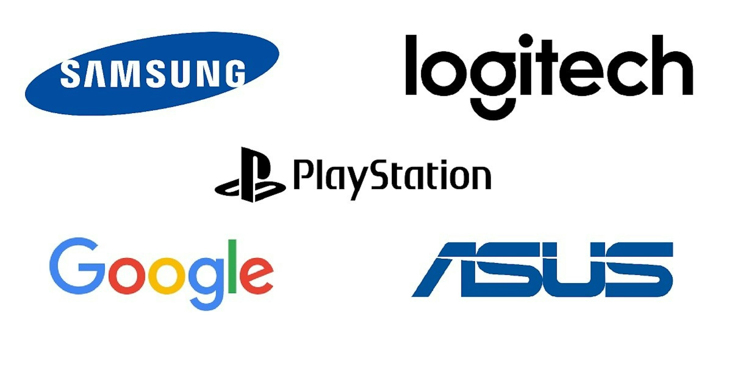 照片中提到了logitech、ŠAMSUNG、B PlayStation，跟G套房、華碩有關，包含了三星、商標、牌、產品、產品設計