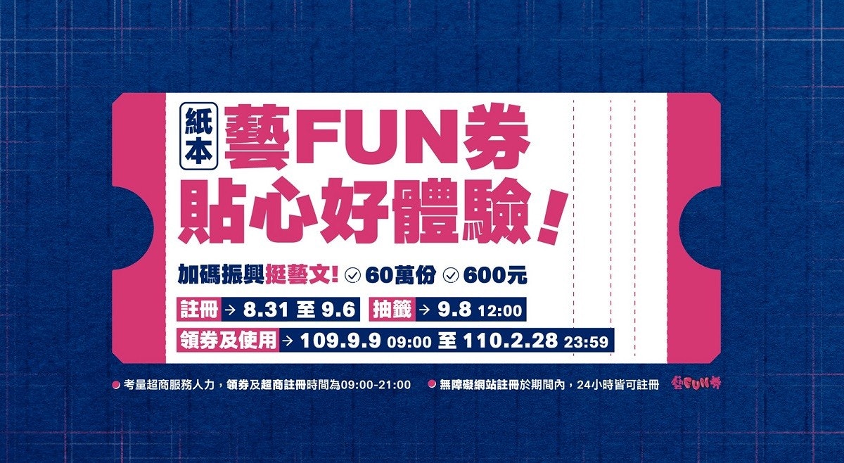 照片中提到了黑藝FUN券、貼心好體驗!、加碼振興挺藝文!の60萬份の600元,跟英國遺產有關,包含了海報、商標、數碼展示廣告、旗幟、標籤