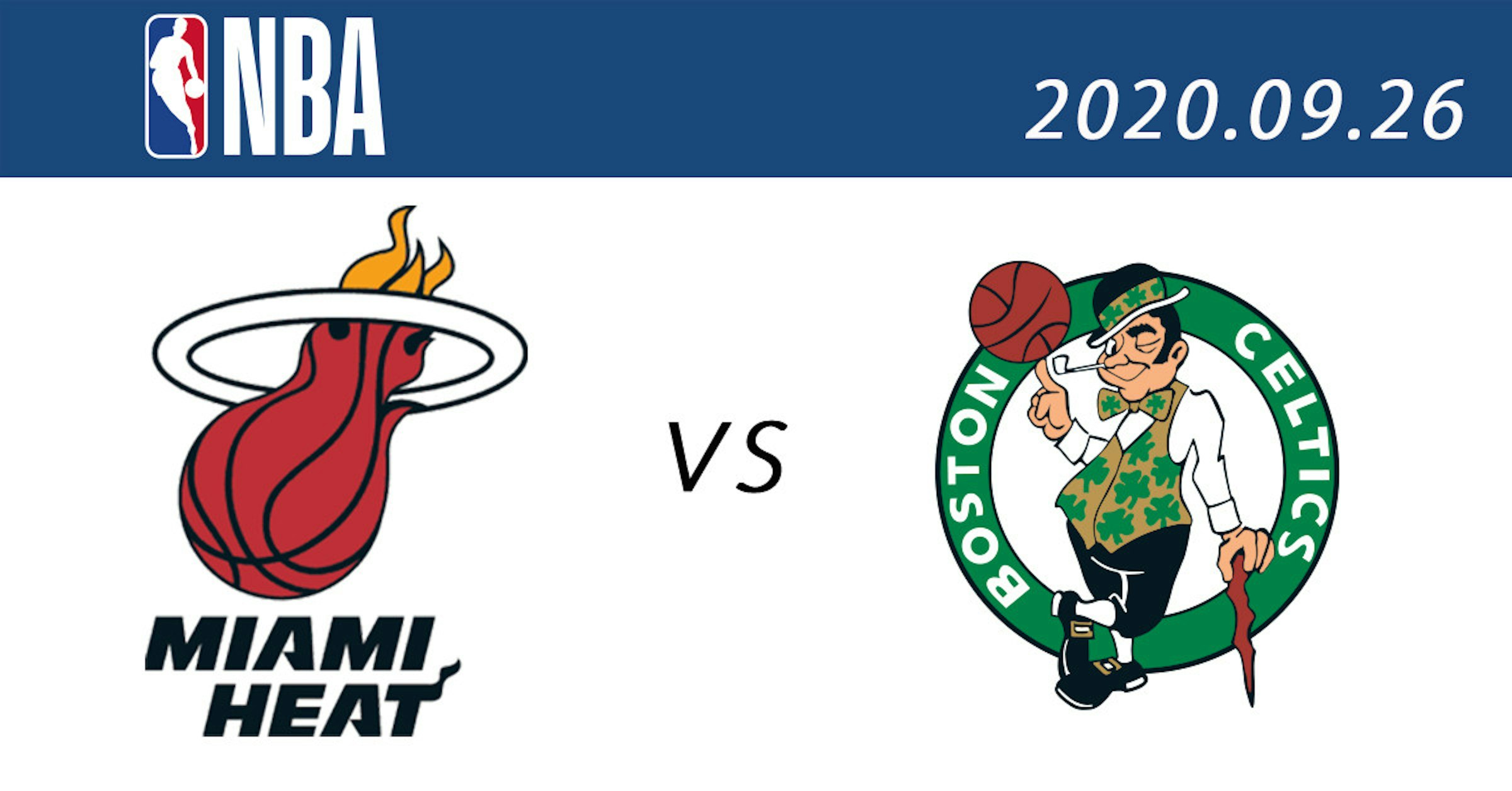 照片中提到了SNBA、2020.09.26、VS，跟波士頓凱爾特人隊、NBA有關，包含了邁阿密熱火、剪貼畫、商標、產品設計、人類行為