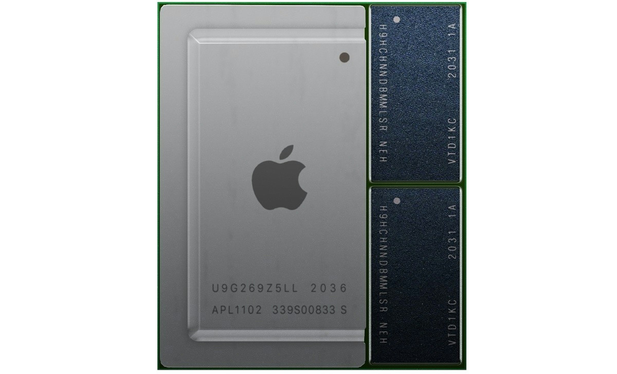 照片中提到了U9G269Z5LL 2036、APL1102 339S00833 S、H9HCHNNDB MM L SR NEH，跟蘋果公司。有關，包含了手機、中央處理器、電腦、蘋果、Tgspot.co.il
