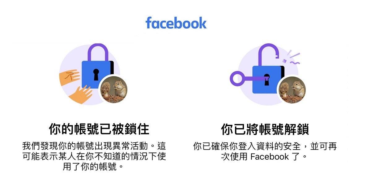 照片中提到了facebook、你的帳號已被鎖住、我們發現你的帳號出現異常活動。這，跟臉書有關，包含了臉書、產品、產品設計、商標、字形