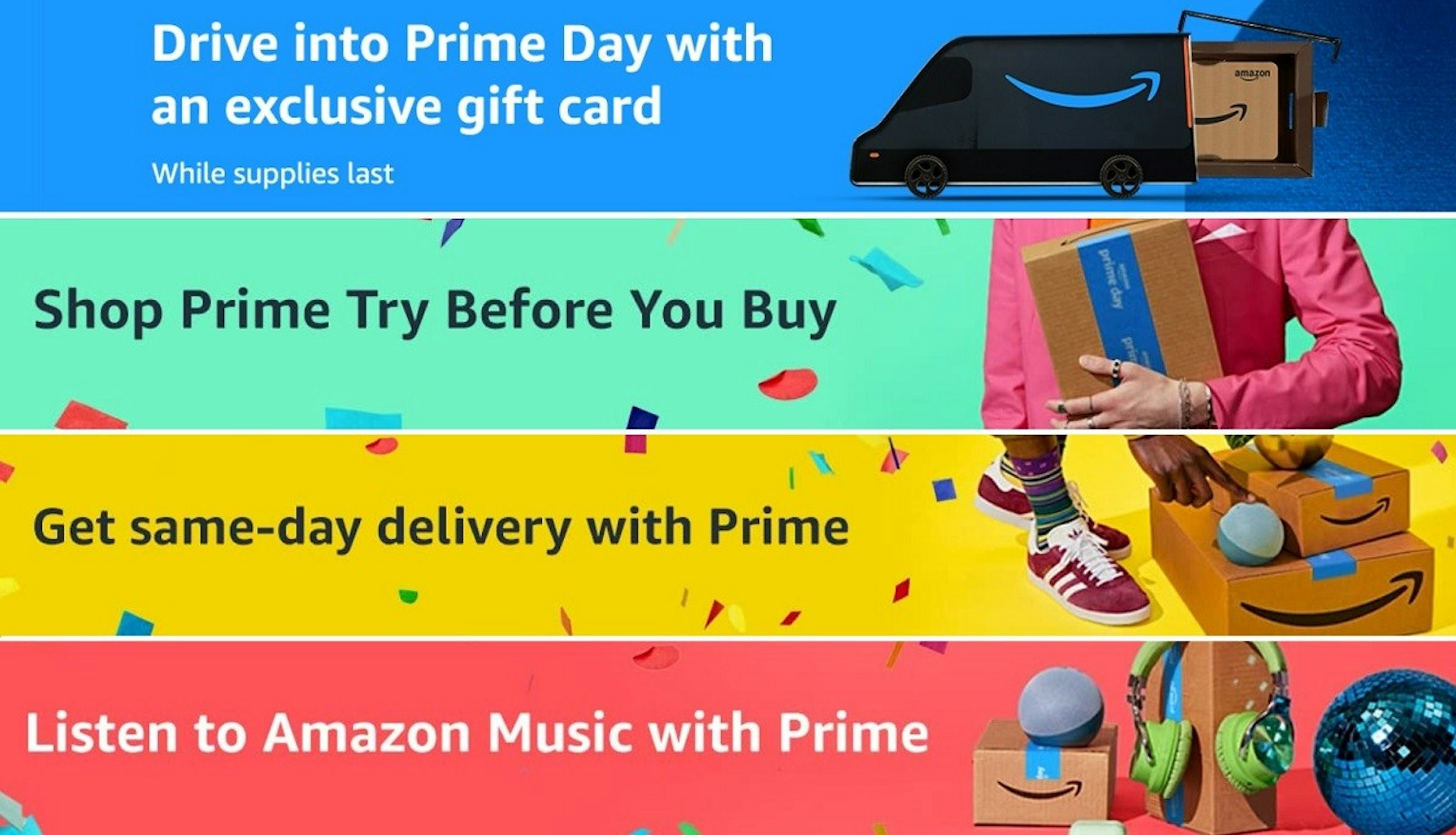 照片中提到了Drive into Prime Day with、an exclusive gift card、While supplies last，包含了山羊就像蘑菇，如果、山羊就像蘑菇！、平面設計、人的、人類行為